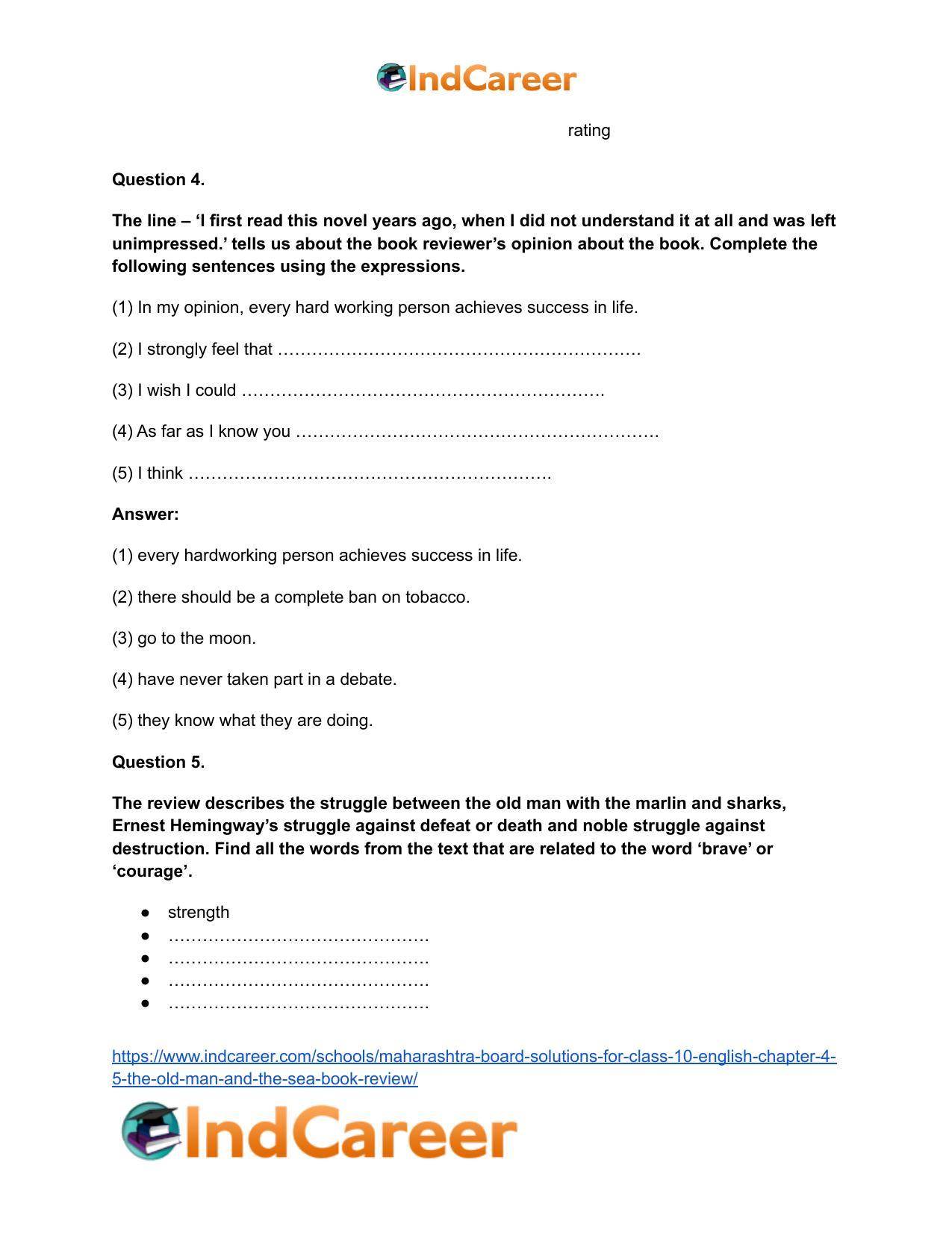 Maharashtra Board Solutions for Class 10- English: Chapter 4.5- The Old Man and The Sea Book Review - Page 7