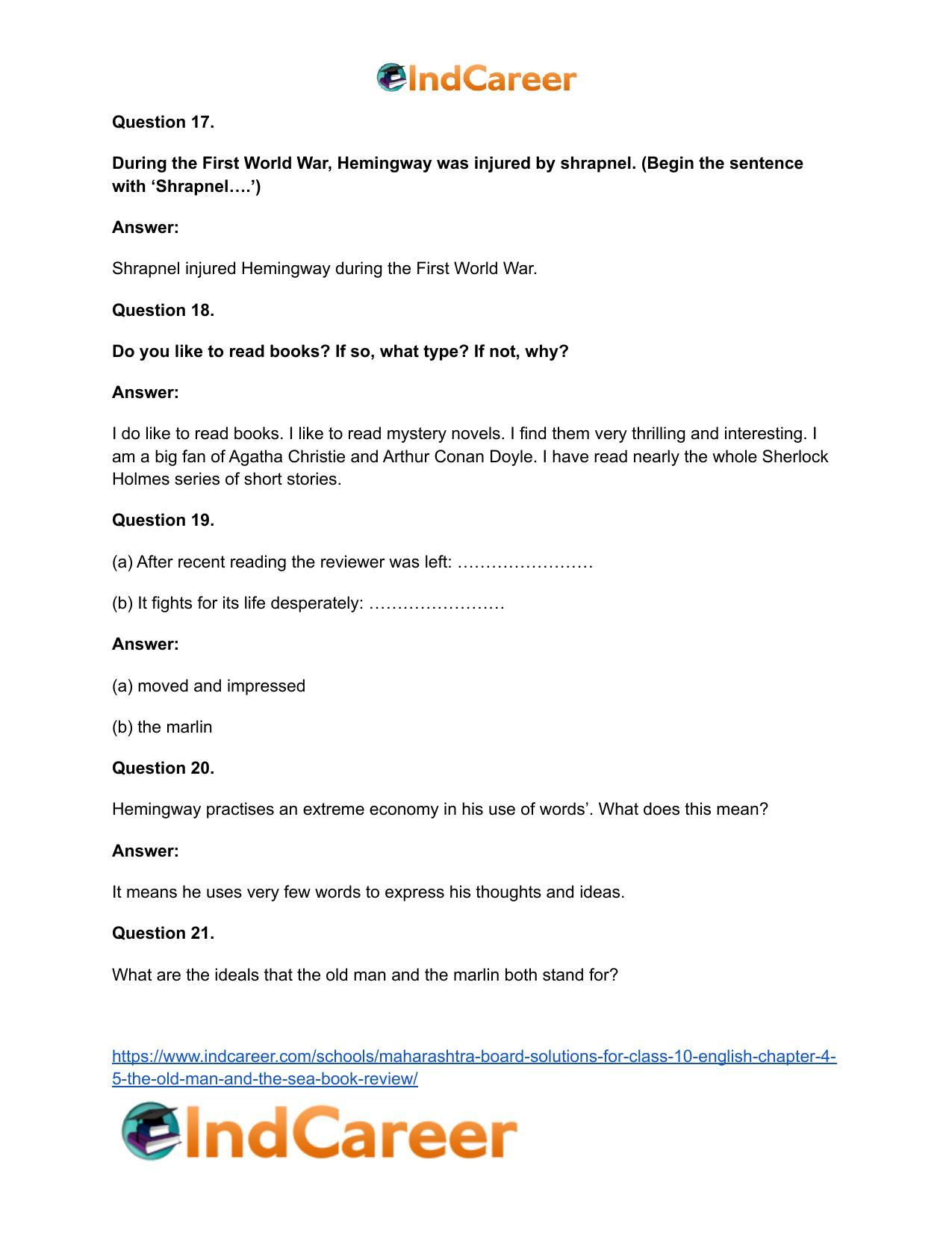 Maharashtra Board Solutions for Class 10- English: Chapter 4.5- The Old Man and The Sea Book Review - Page 16