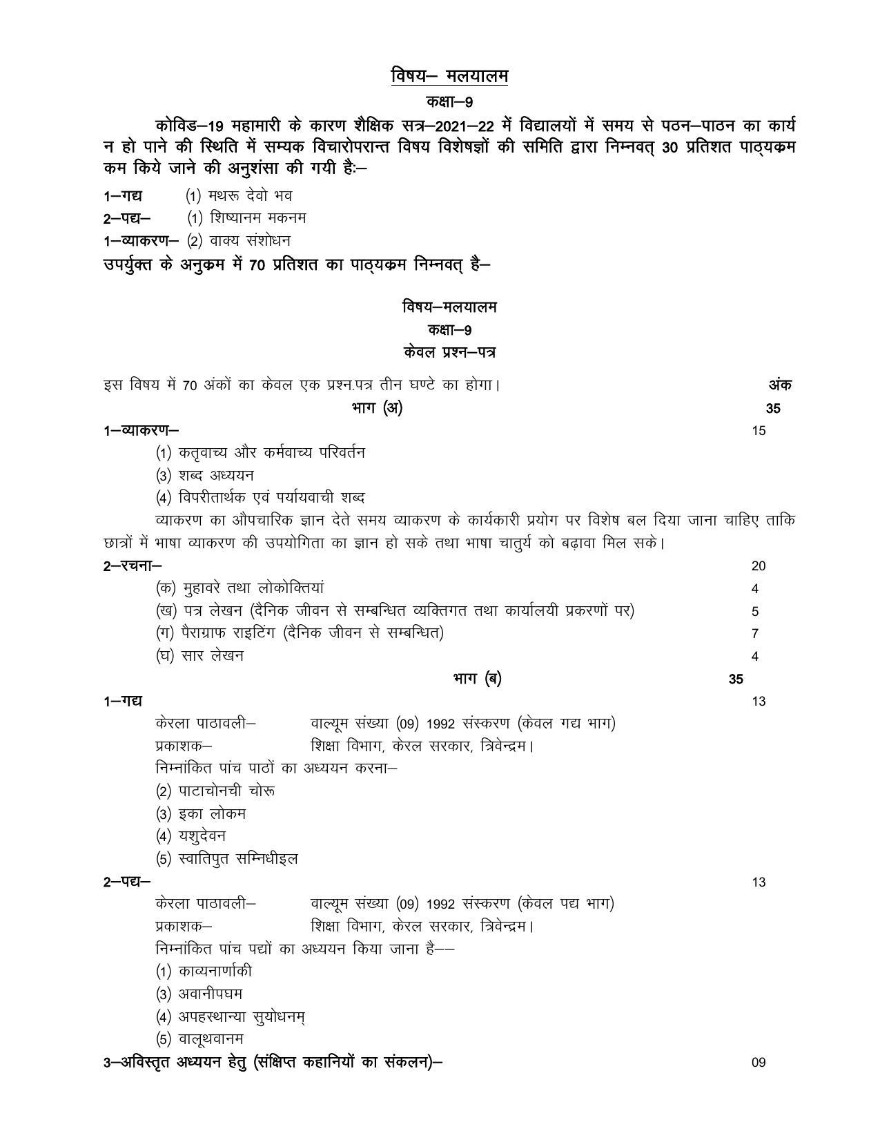 UP Board 9th Syllabus Malyalam - Page 1