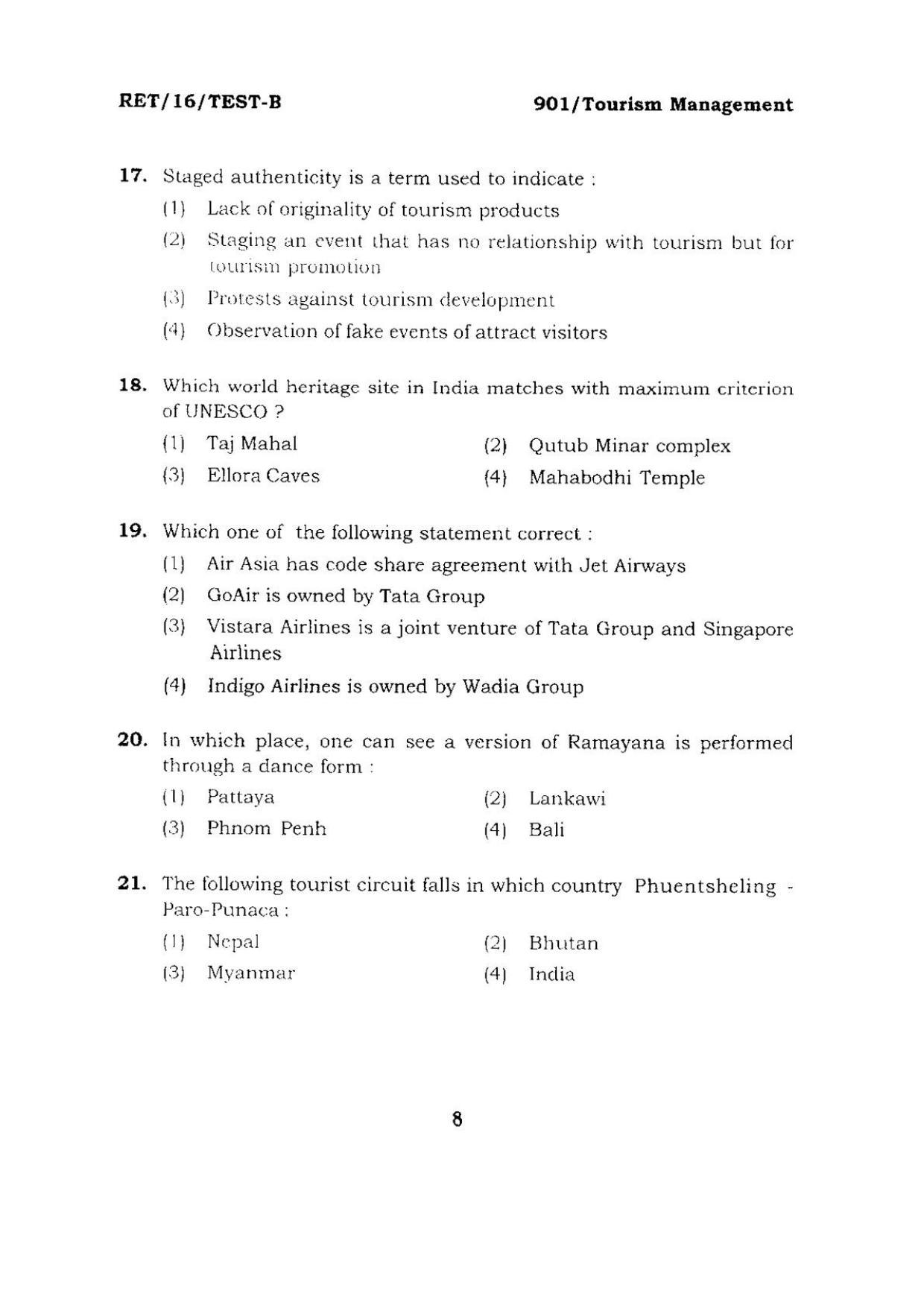 BHU RET Tourisu Management 2016 Question Paper - Page 8