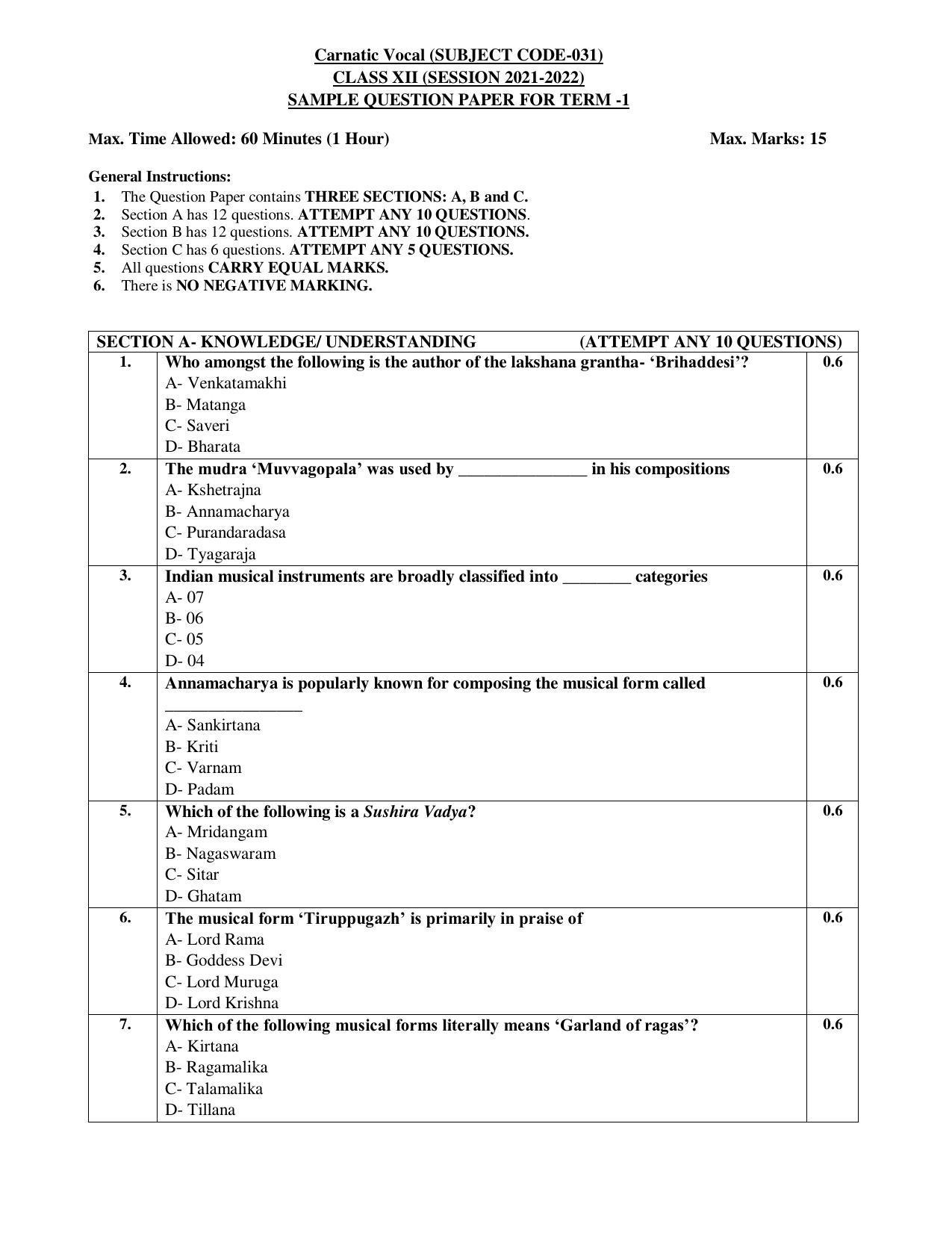 CBSE Class 12th Carnatic Vocal Sample Question Paper 2021-22 - Page 1