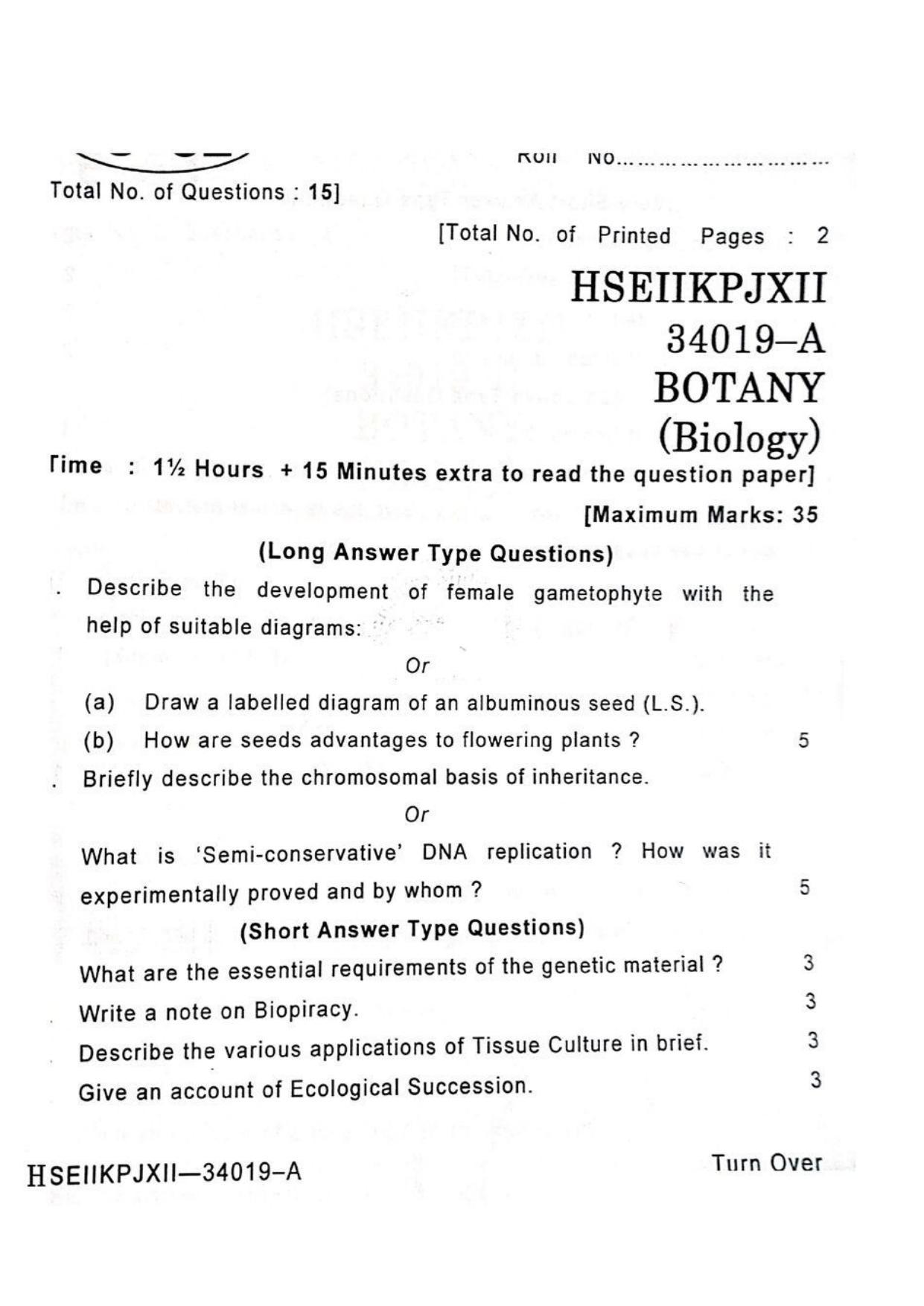 JKBOSE Class 12 Biology-Botany Question Papers 2012 (34019-A) - Page 1