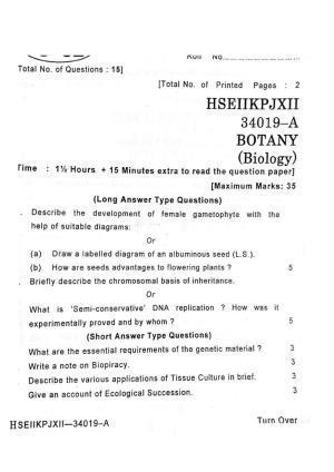 JKBOSE Class 12 Biology-Botany Question Papers 2012 (34019-A)