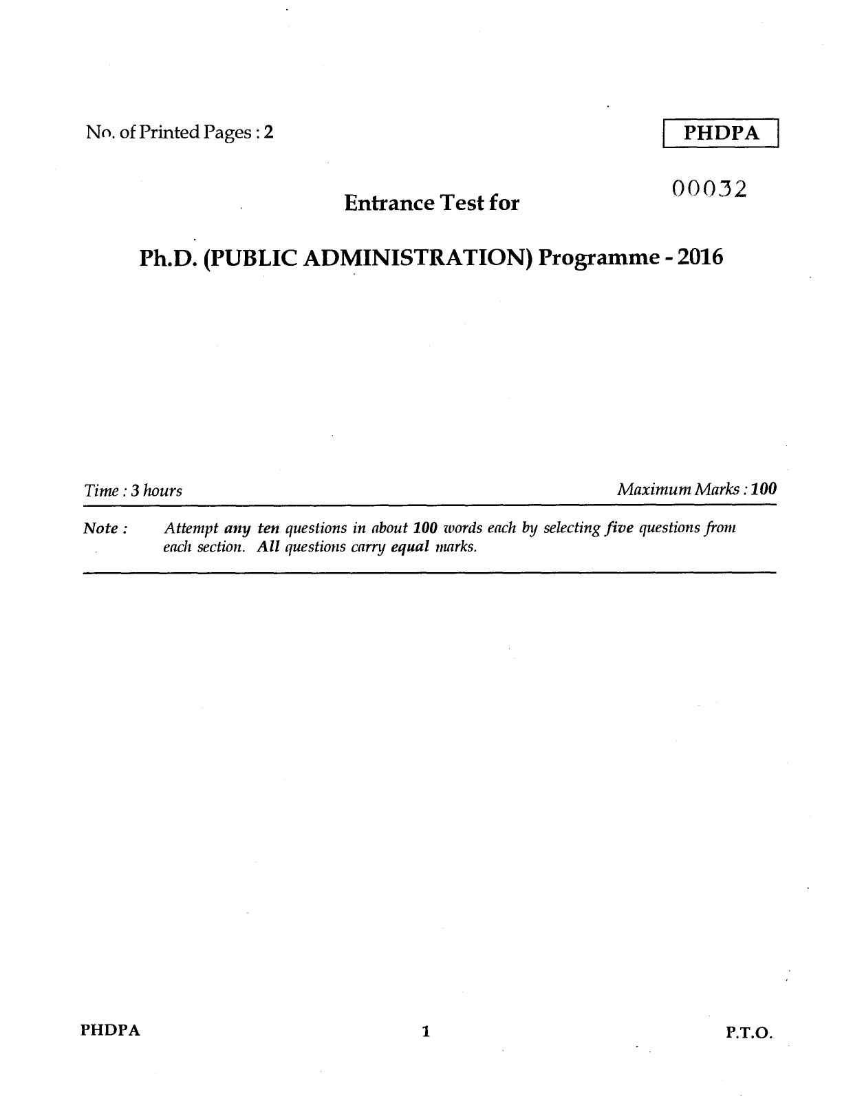 IGNOU PhD Entrance Test Ph.D Public Administration 2016 Question Paper - Page 1