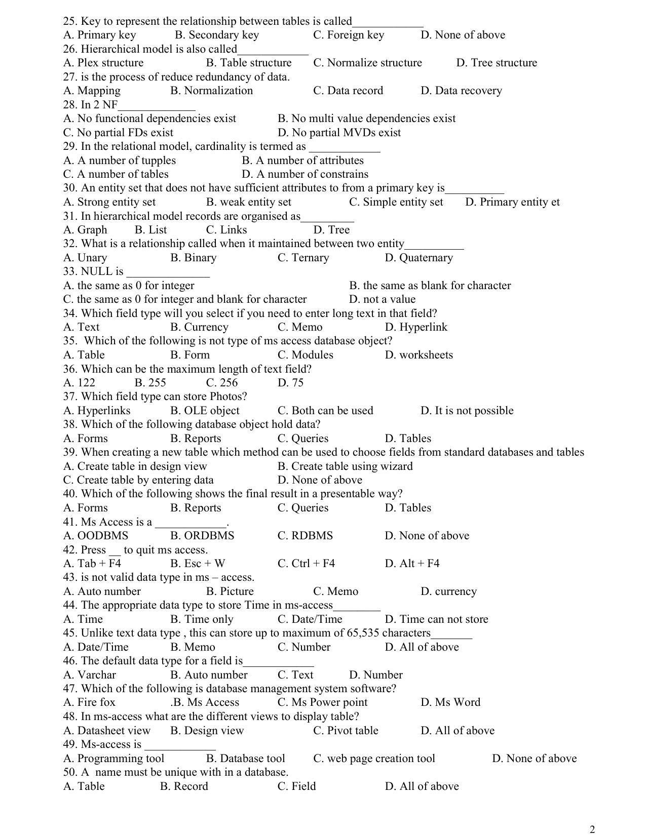 Hemchand North Gujarat University Sample Paper July-Sept 2021:  B C A Sem – I  102- Database Management System Paper Code – 3062 (Old Course) - Page 2