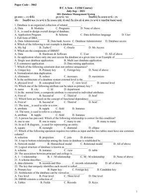 Hemchand North Gujarat University Sample Paper July-Sept 2021:  B C A Sem – I  102- Database Management System Paper Code – 3062 (Old Course)