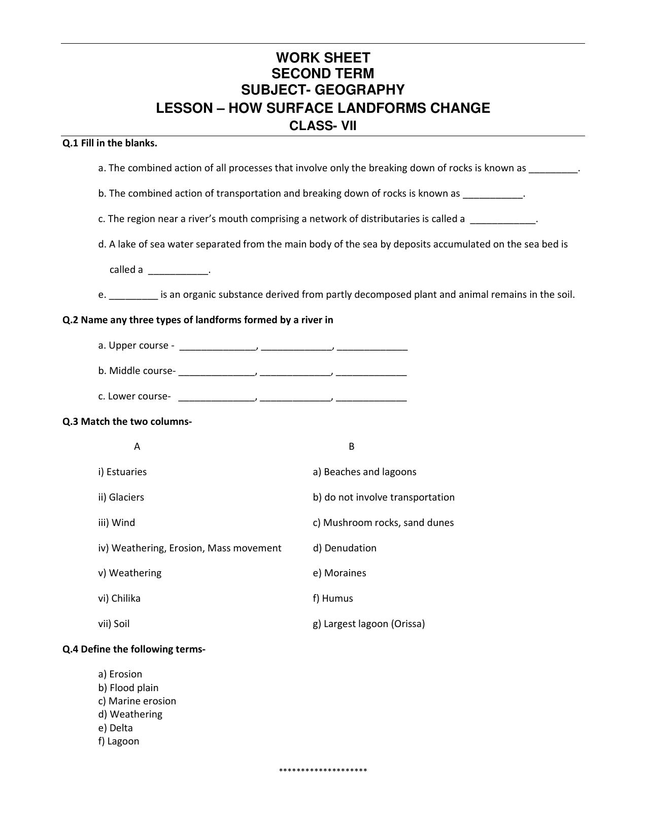 CBSE Worksheets for Class 7 Geography How Surface Landforms Change Assignment - Page 1
