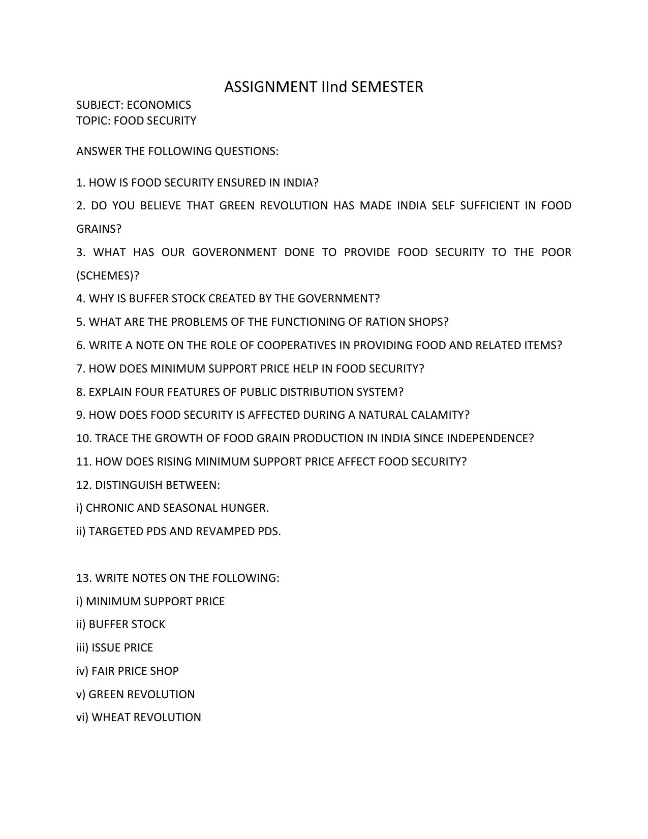 CBSE Worksheets for Class 9 Social Science Food Security Assignment - Page 1