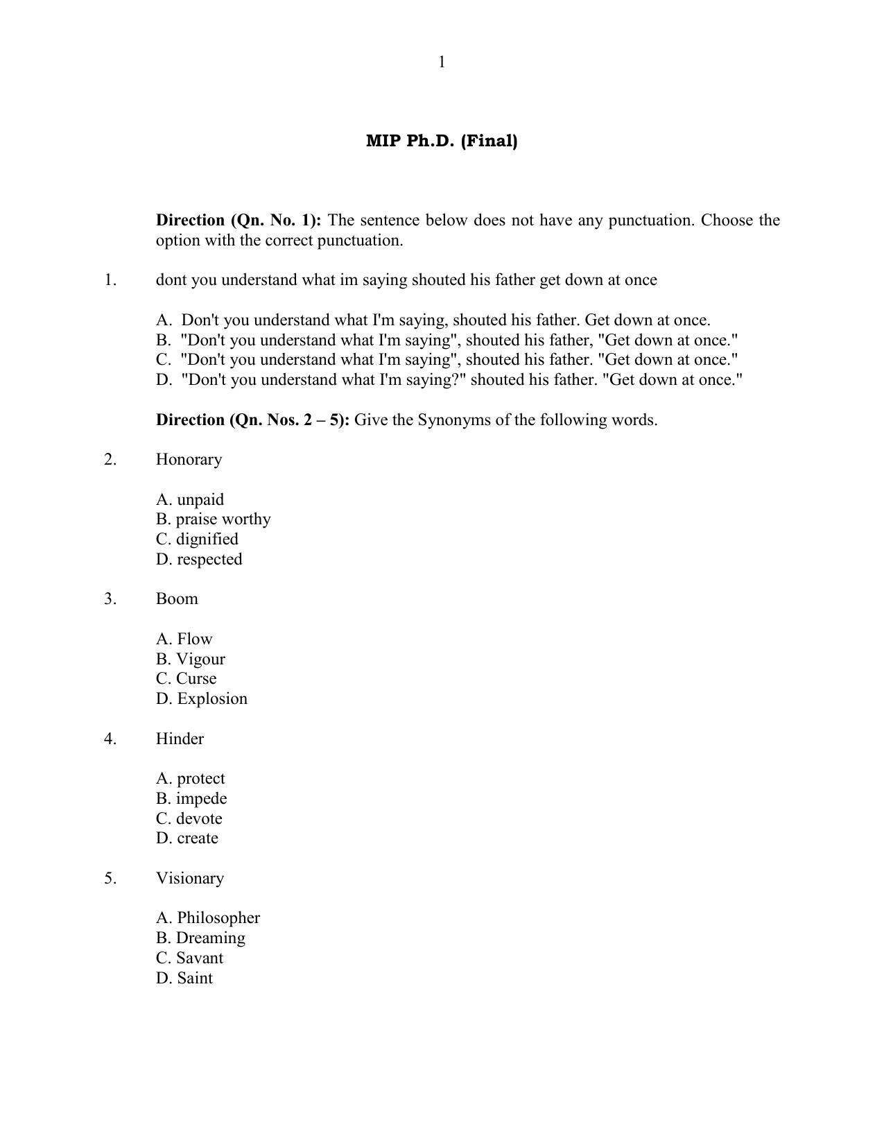 CUSAT CAT 2016 MIP PhD Question Paper - Page 1