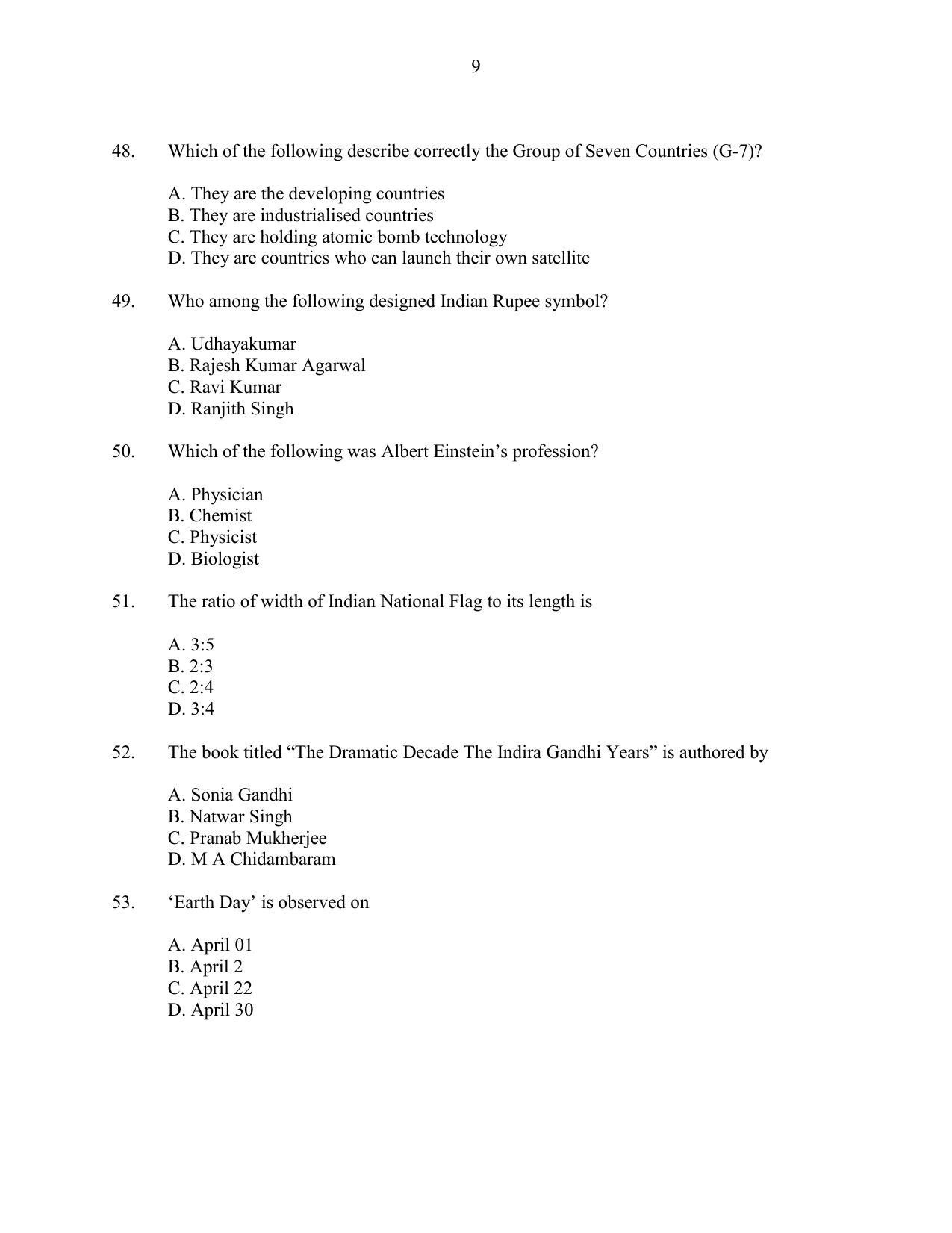 CUSAT CAT 2016 MIP PhD Question Paper - Page 9
