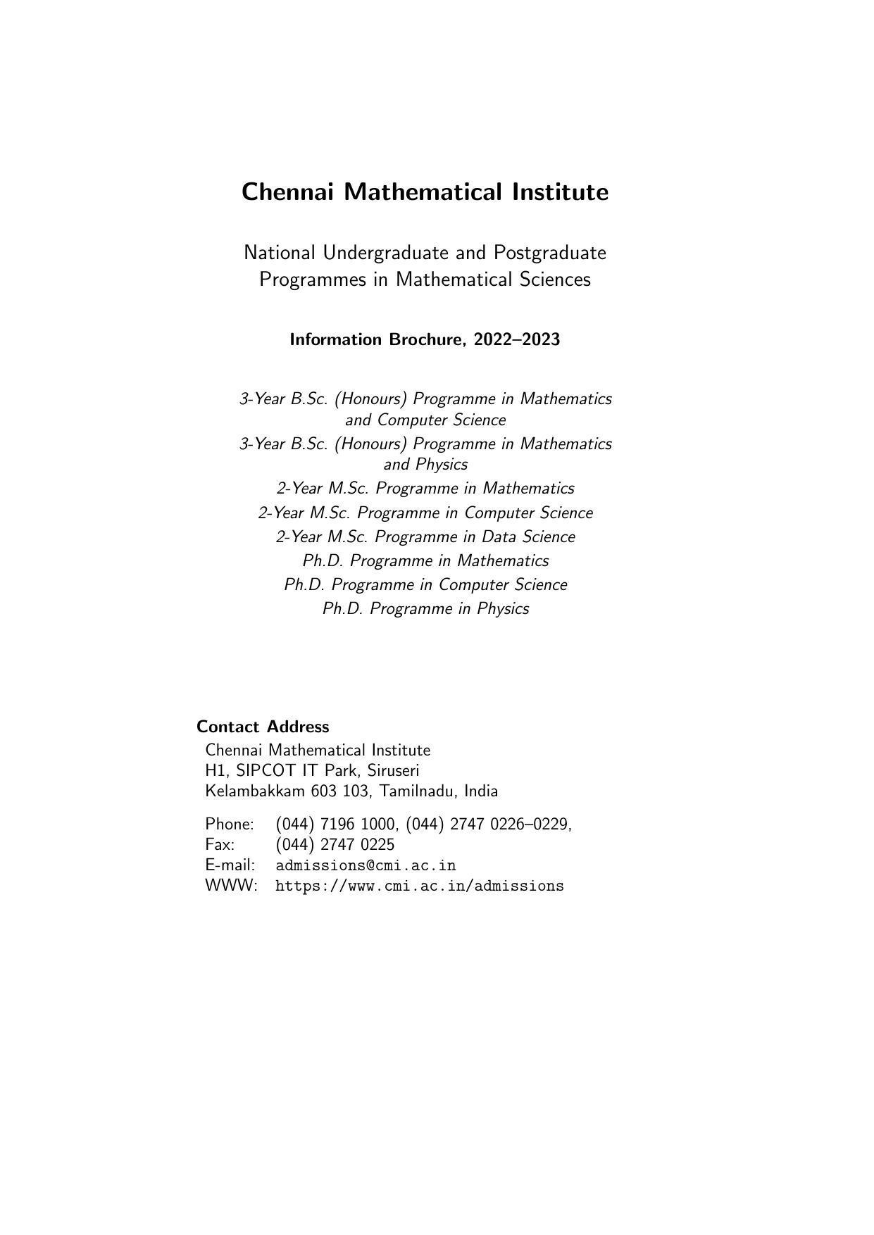 Chennai Mathematical Institute, Siruseri Information Brochure, 2022–2023 - Page 1