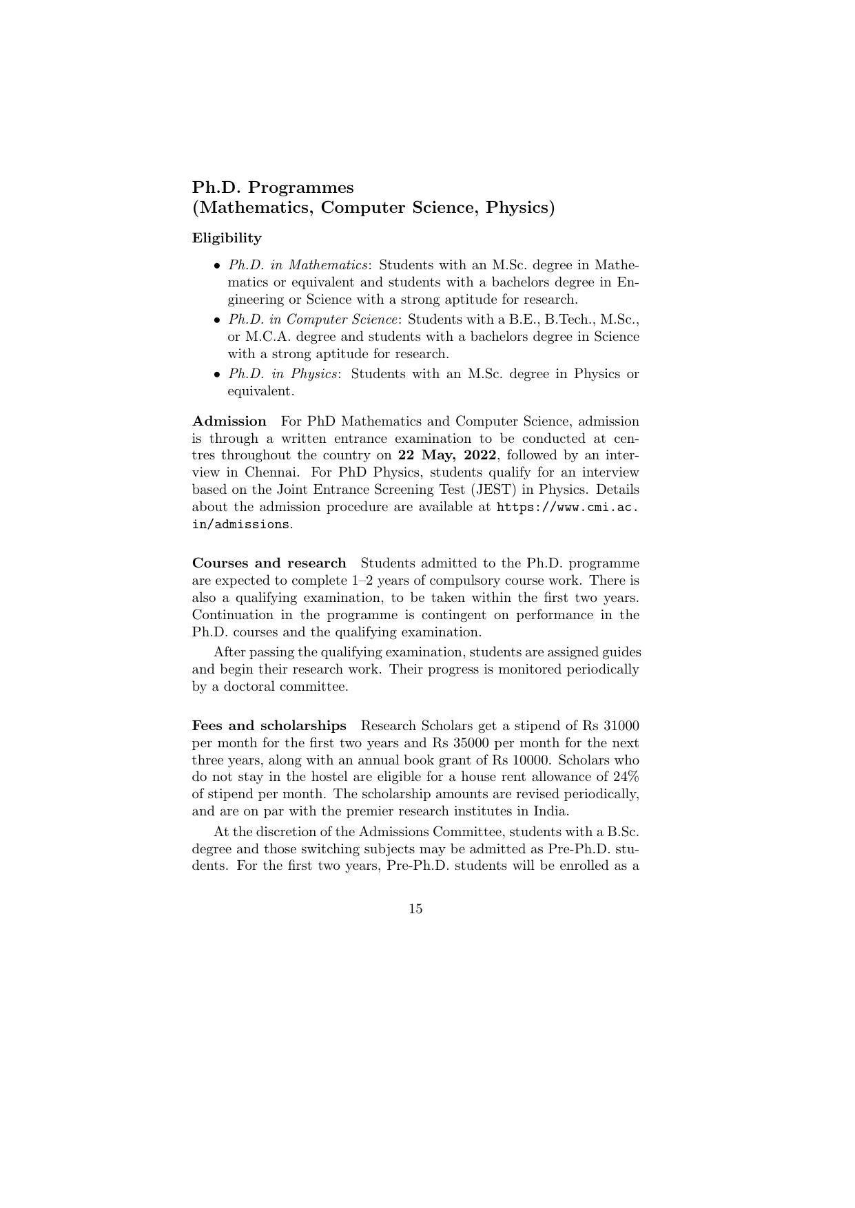 Chennai Mathematical Institute, Siruseri Information Brochure, 2022–2023 - Page 16