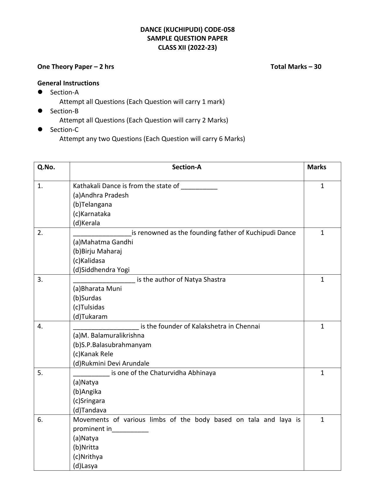 CBSE Class 12 Kuchipudi Sample Paper 2023 - Page 1