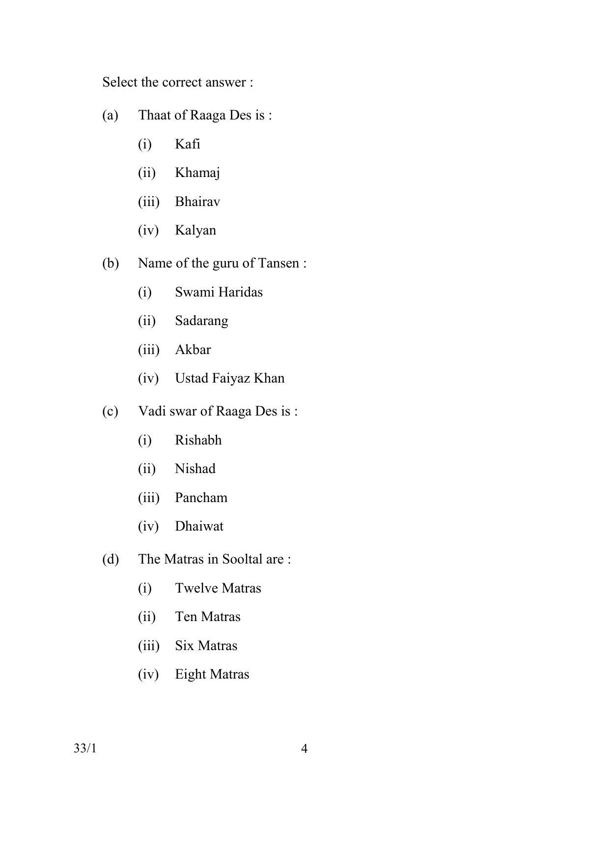 CBSE Class 10 33-1 MUSIC HINDUSTANI VOCAL 2017 Question Paper - Page 4