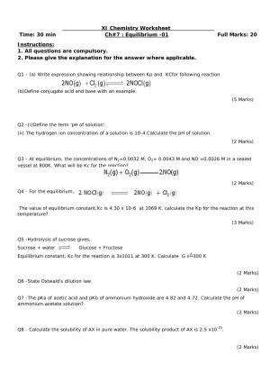 CBSE Worksheets for Class 11 Chemistry Equilibrium Assignment 1