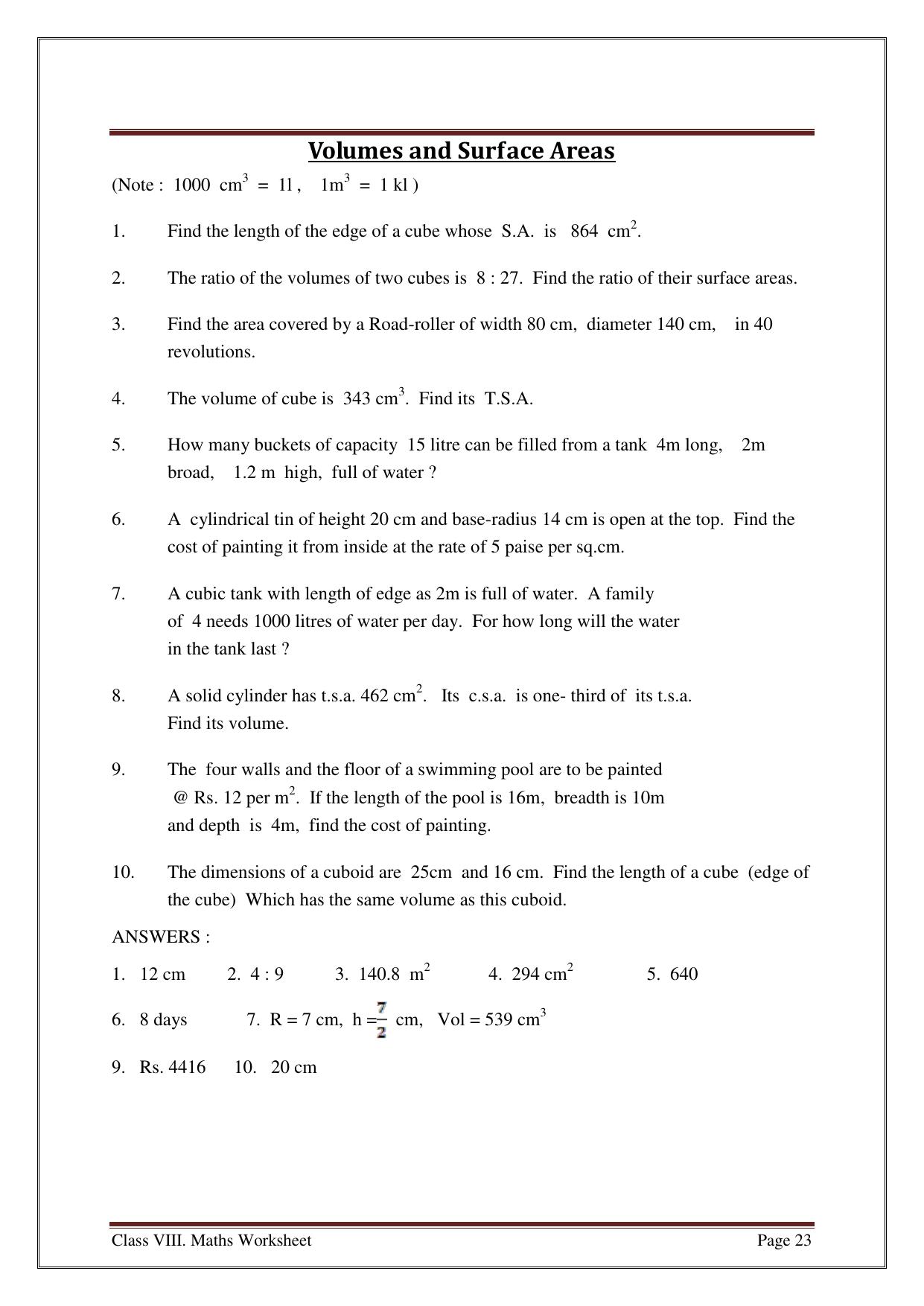 CBSE Worksheets for Class 8 Mathematics Volumes and Surface Areas Assignment - Page 1