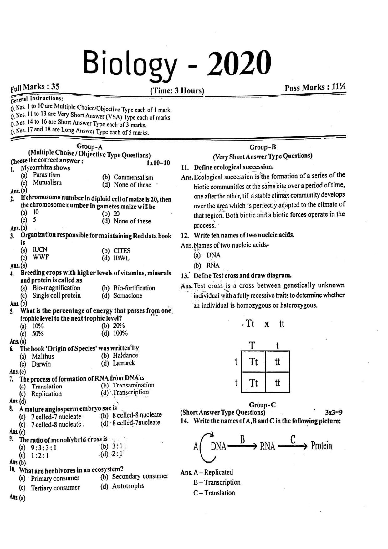 JAC Class 12 2020 Biology Question Paper - Page 1