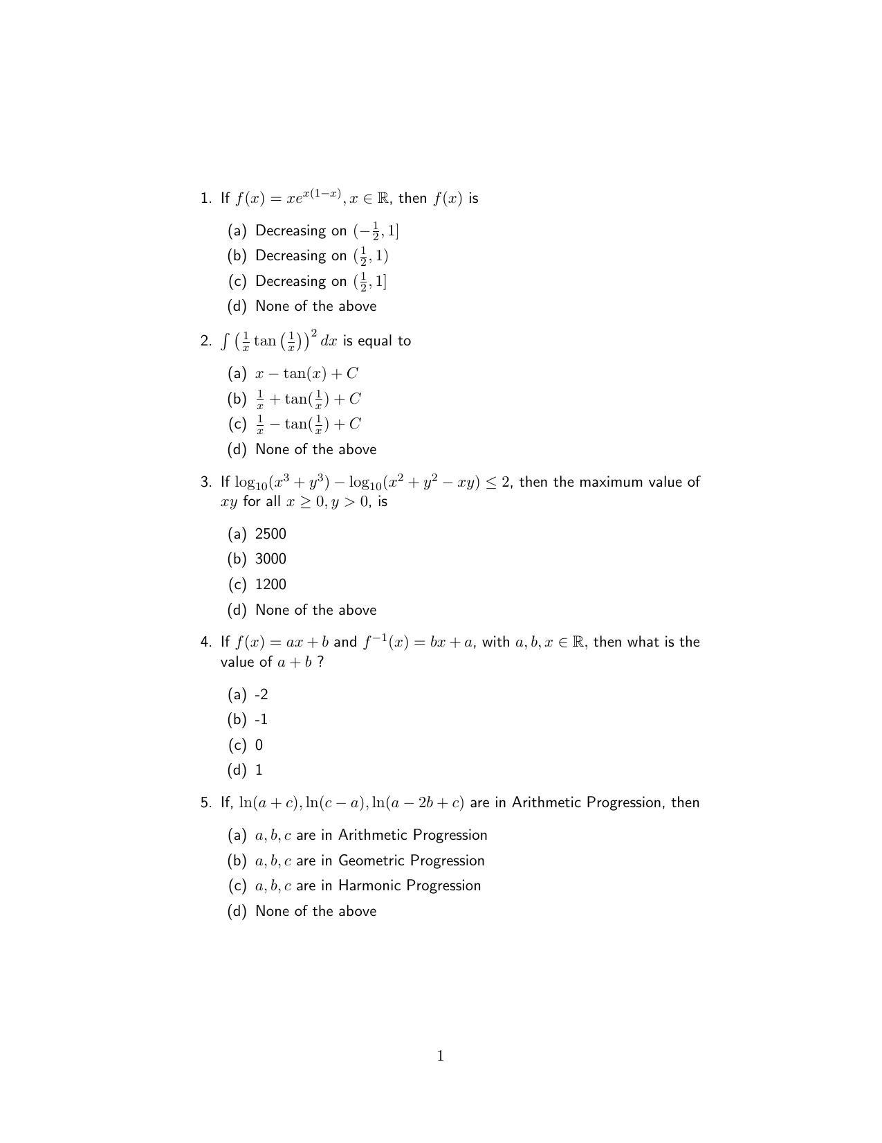 ISI Admission Test M.S.(QMS) QMA 2018 Sample Paper - Page 1