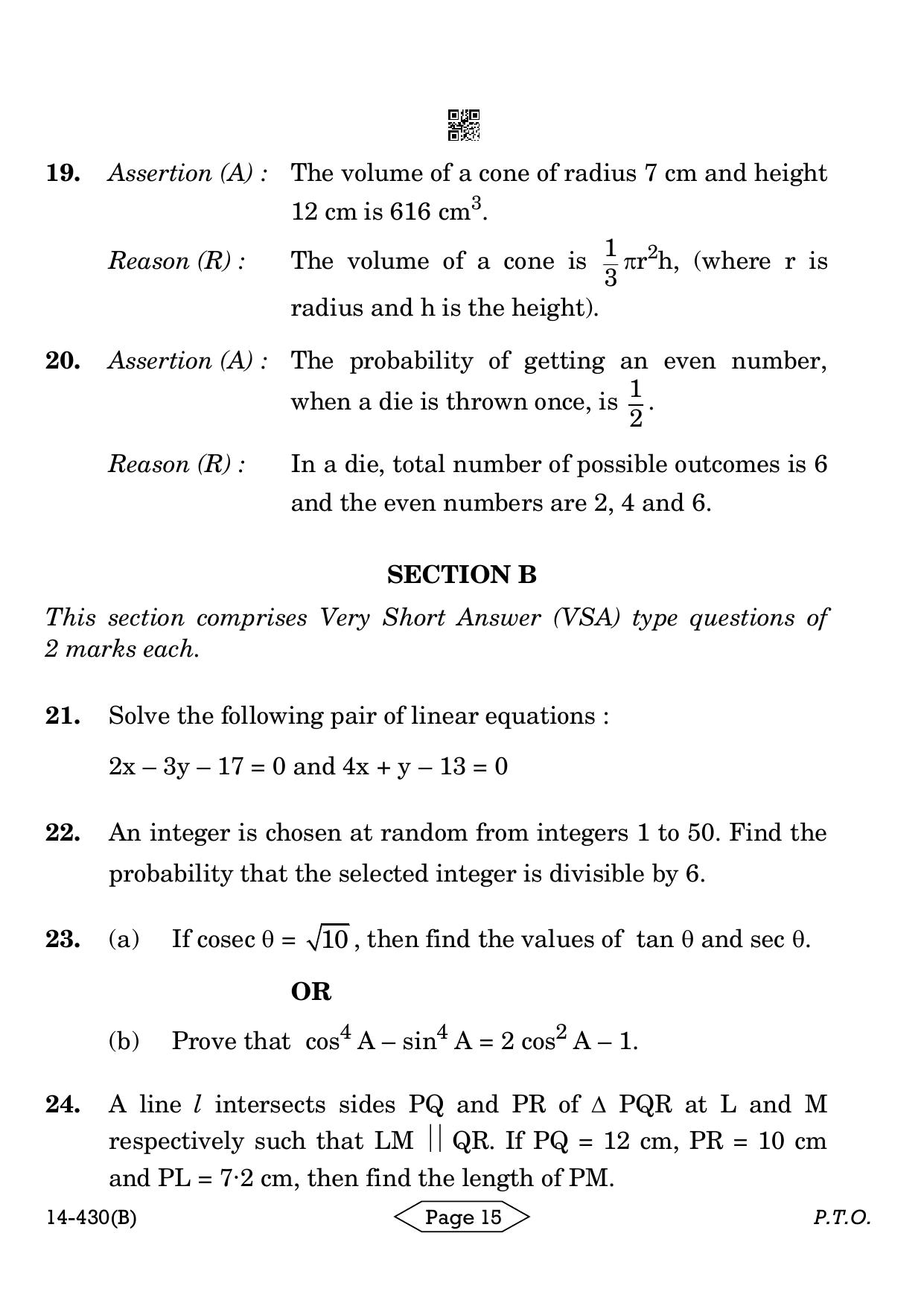 CBSE Class 10 Mathematics Basic 2024 Question Paper - Page 15
