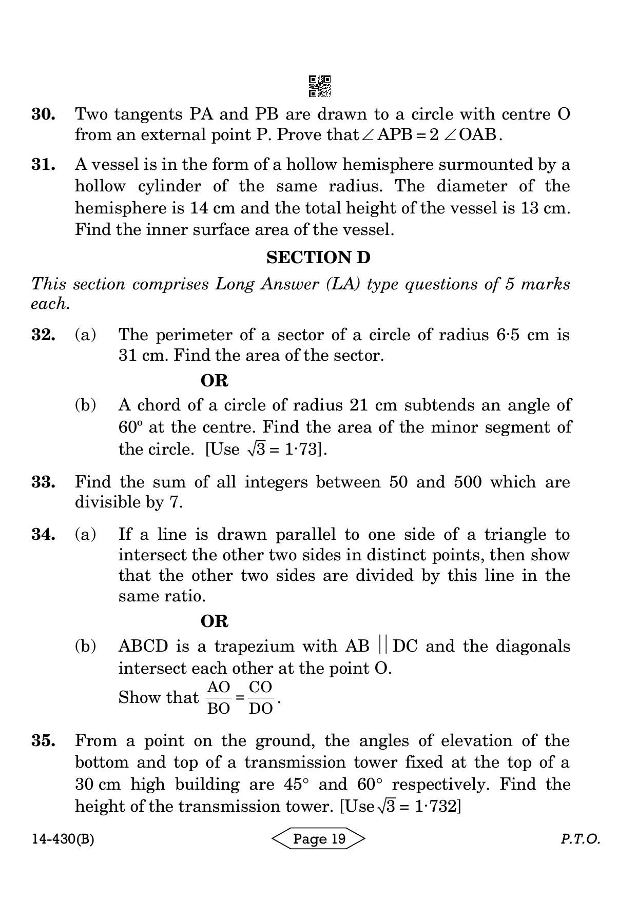 CBSE Class 10 Mathematics Basic 2024 Question Paper - Page 19