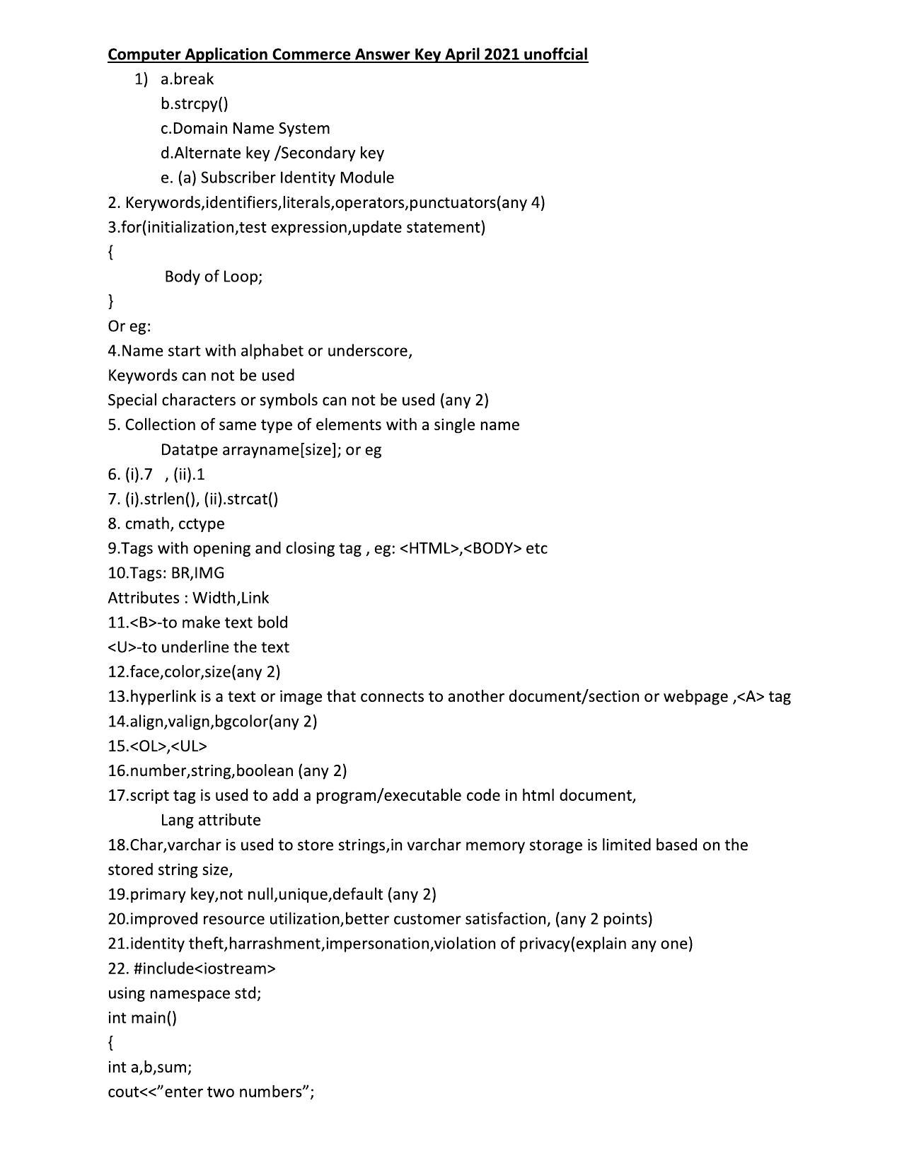  Kerala Plus Two 2021 Computer Application (Commerce) Annual Answer Key - Page 1