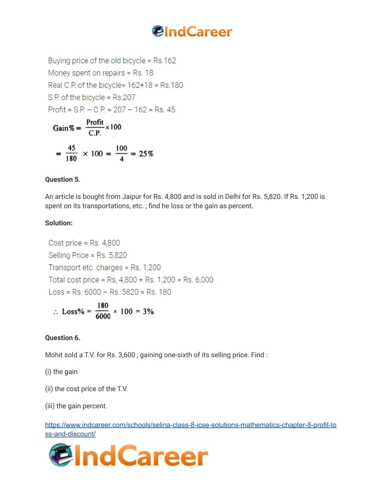 Selina Class 8 ICSE Solutions Mathematics : Chapter 8- Profit, Loss and Discount - Page 5