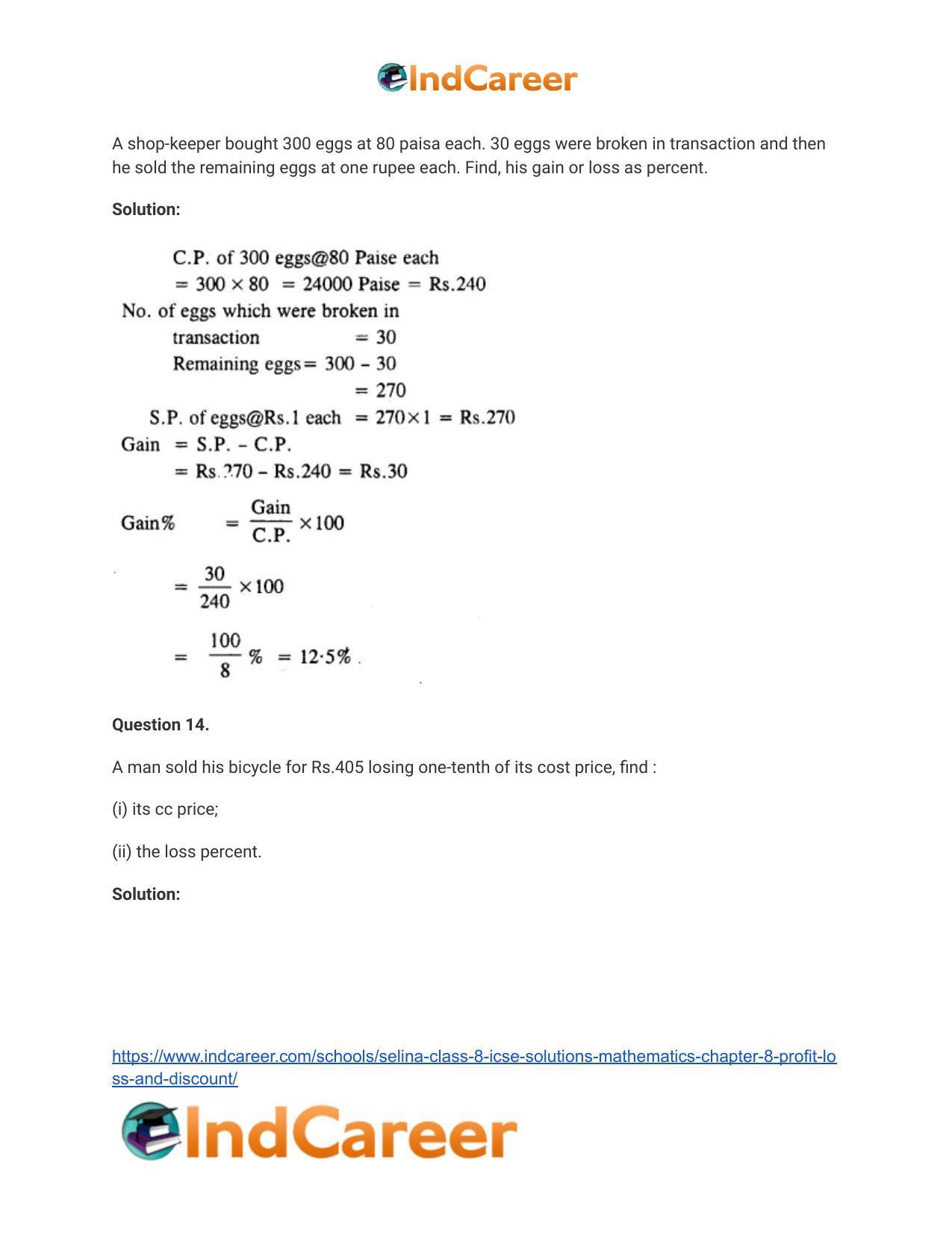 Selina Class 8 ICSE Solutions Mathematics : Chapter 8- Profit, Loss and Discount - Page 10
