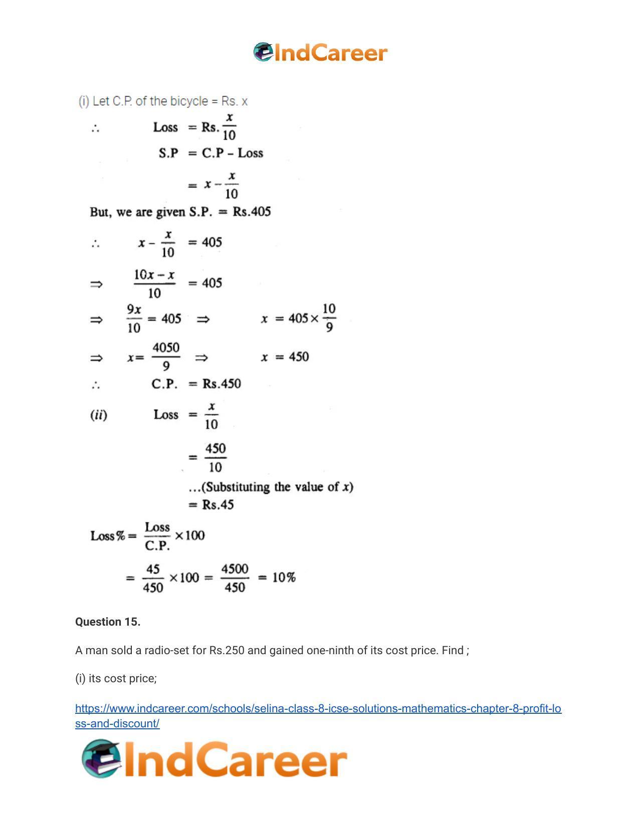 Selina Class 8 ICSE Solutions Mathematics : Chapter 8- Profit, Loss and Discount - Page 11
