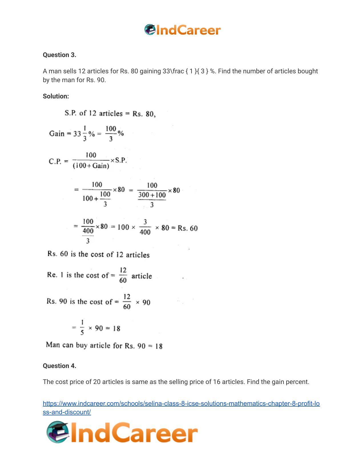 Selina Class 8 ICSE Solutions Mathematics : Chapter 8- Profit, Loss and Discount - Page 27