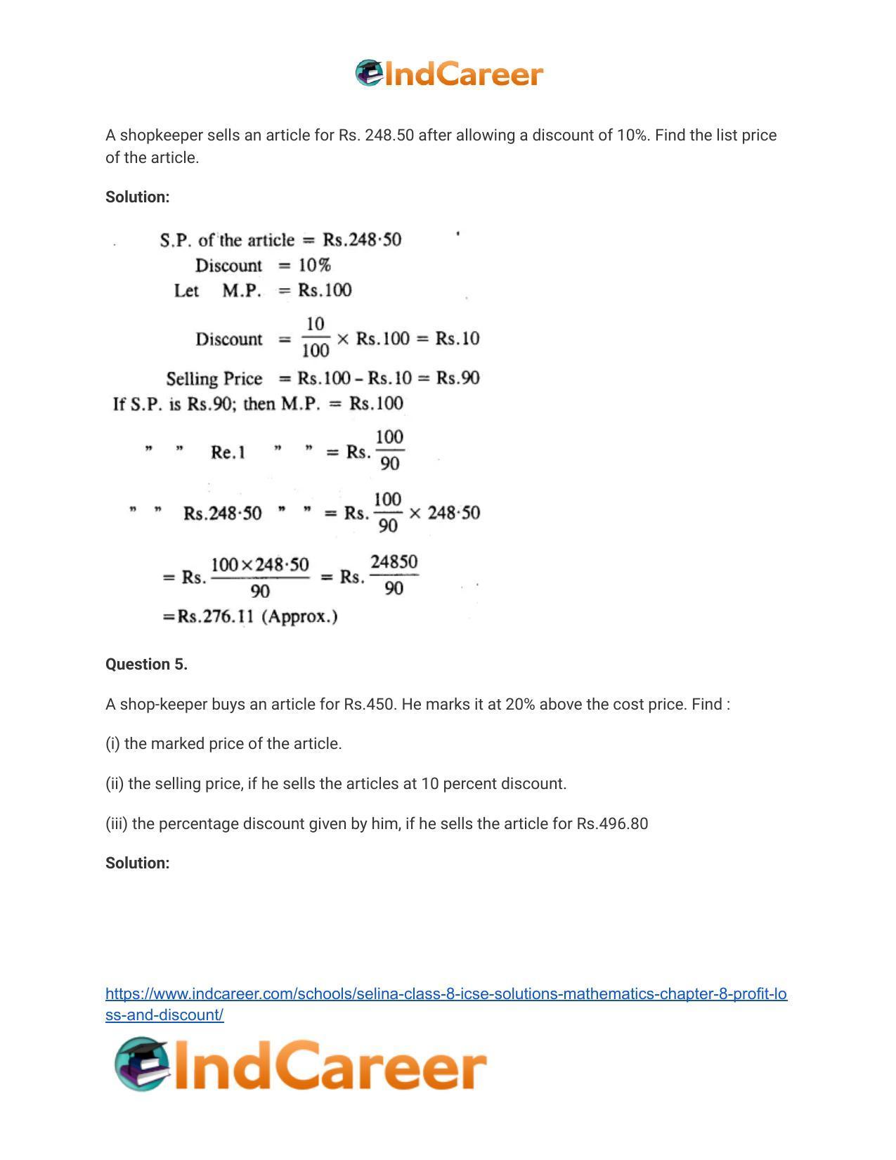 Selina Class 8 ICSE Solutions Mathematics : Chapter 8- Profit, Loss and Discount - Page 36