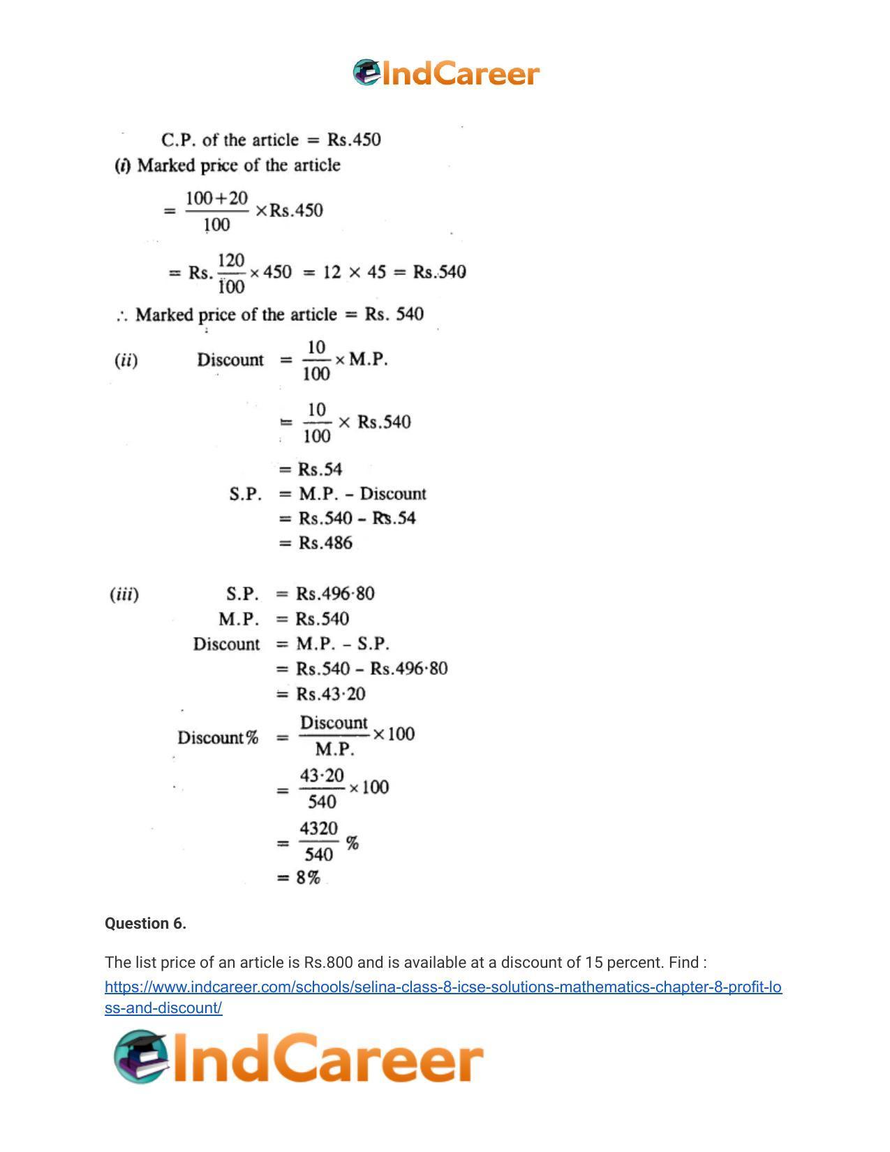 Selina Class 8 ICSE Solutions Mathematics : Chapter 8- Profit, Loss and Discount - Page 37