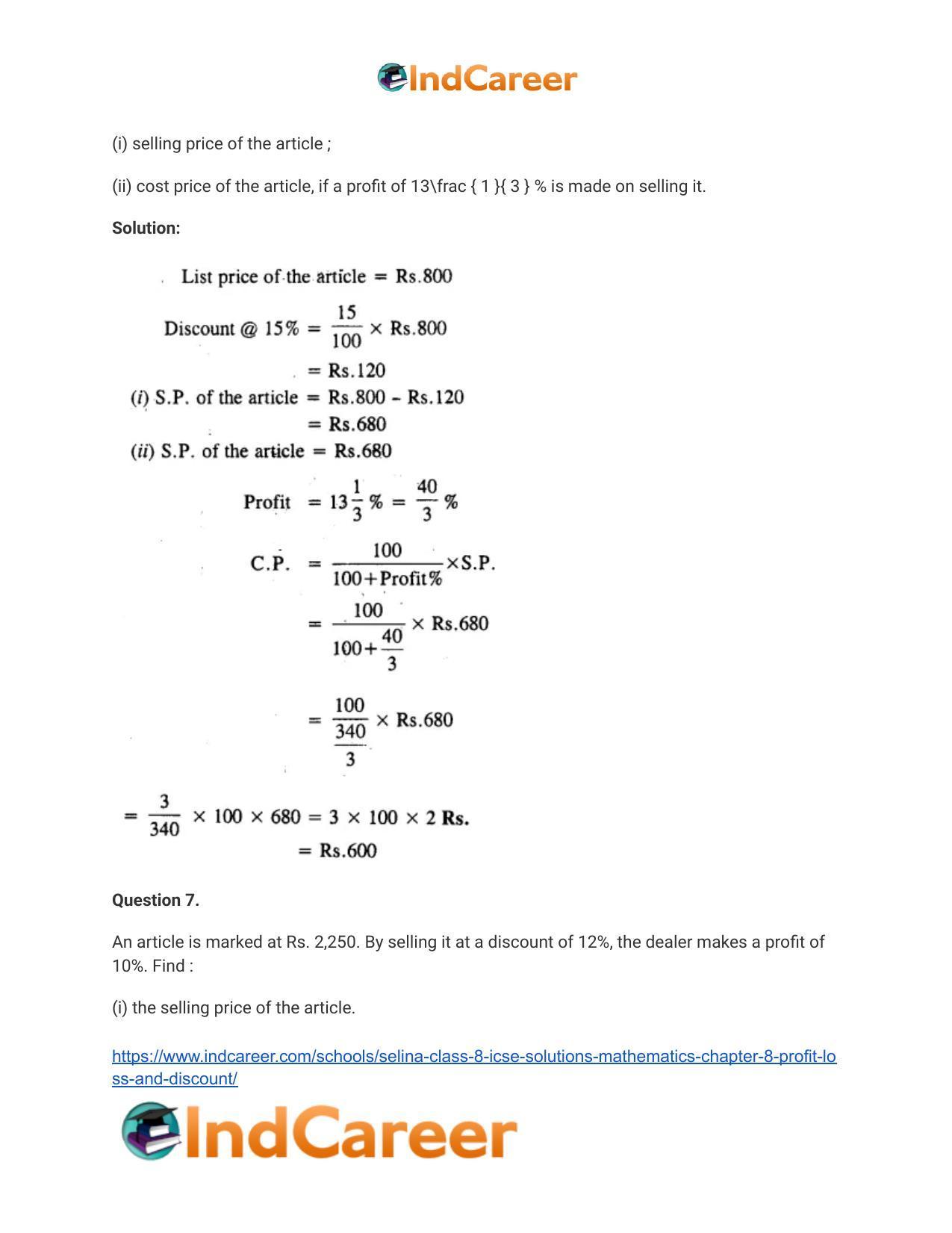 Selina Class 8 ICSE Solutions Mathematics : Chapter 8- Profit, Loss and Discount - Page 38