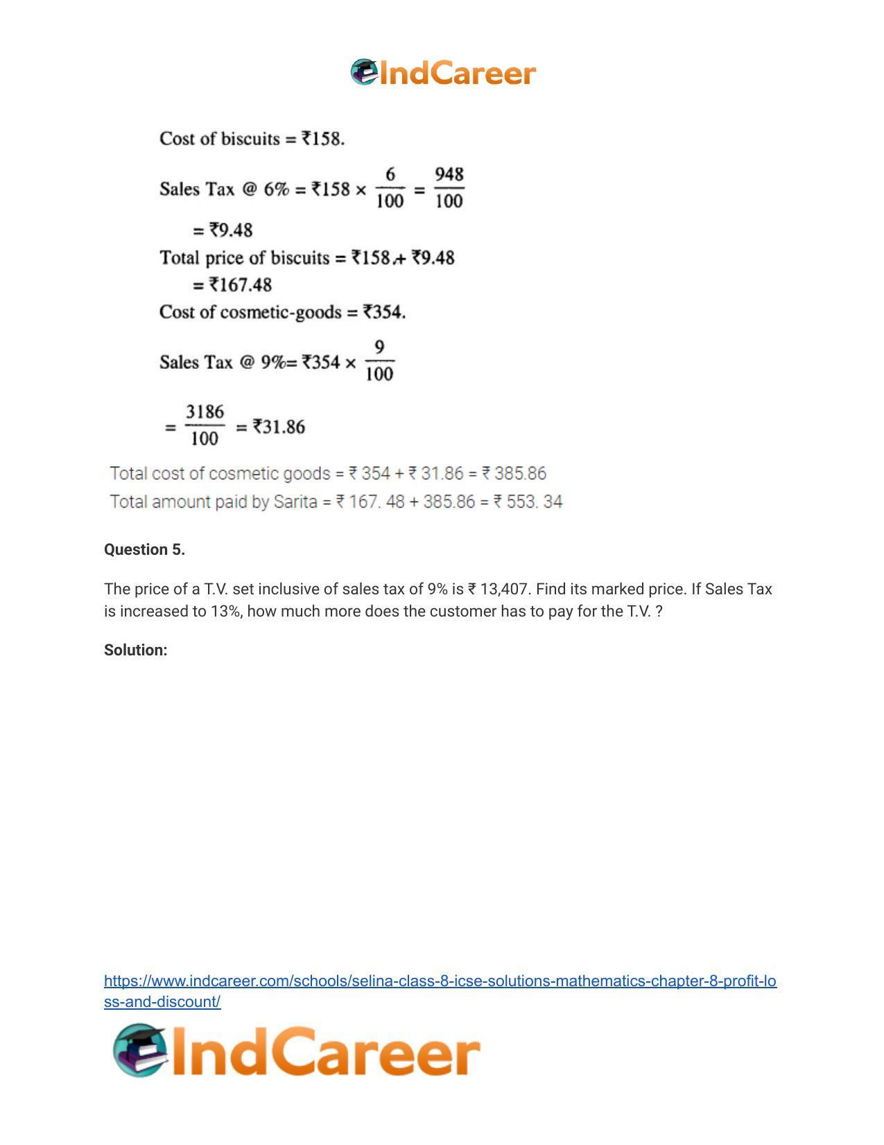 Selina Class 8 ICSE Solutions Mathematics : Chapter 8- Profit, Loss and Discount - Page 52