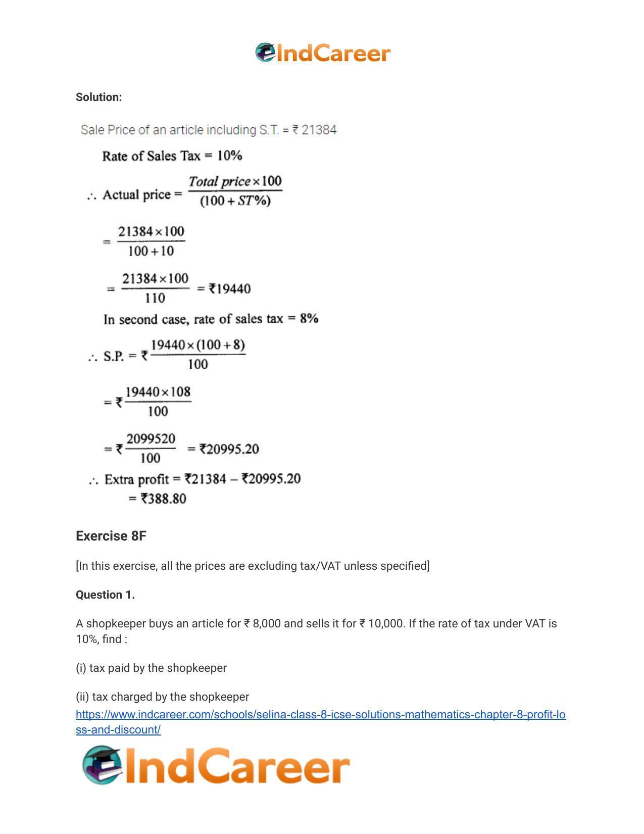 Selina Class 8 ICSE Solutions Mathematics : Chapter 8- Profit, Loss and Discount - Page 57