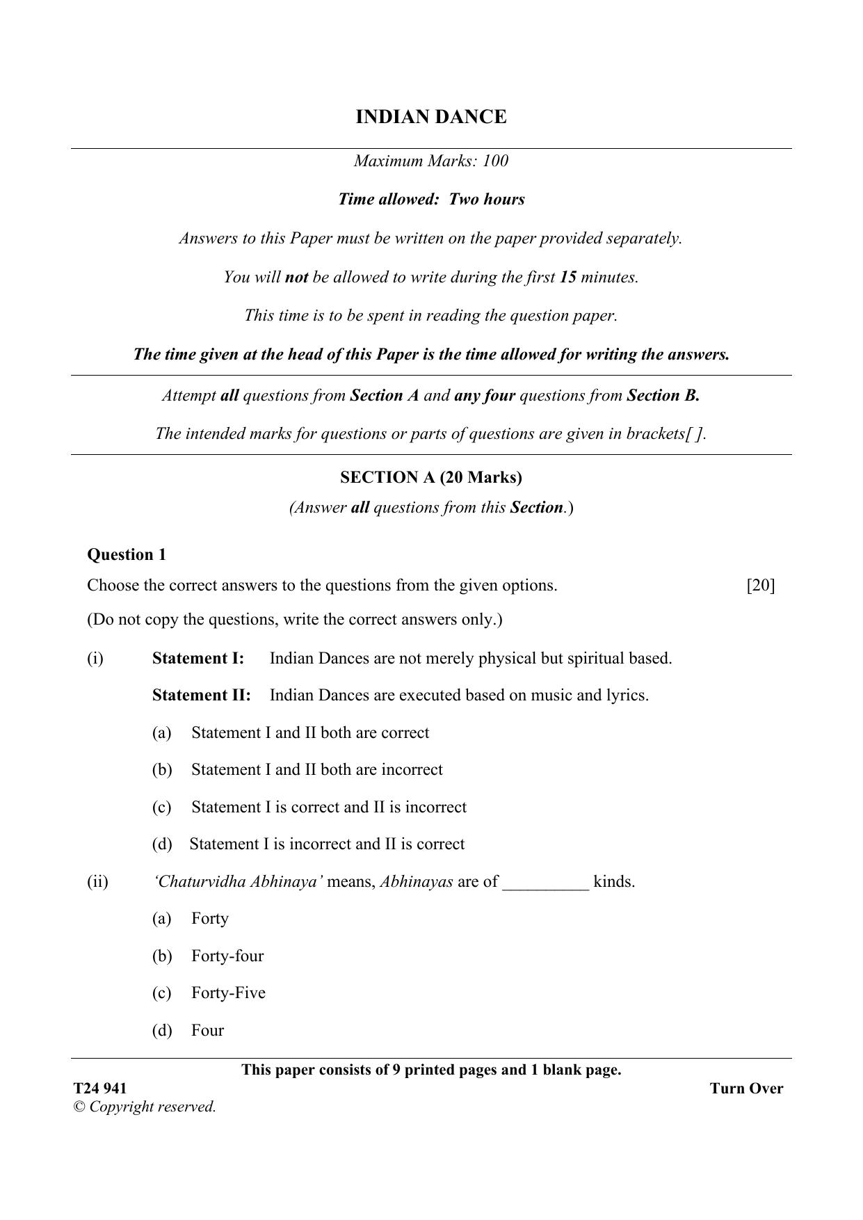 ICSE Class 10 INDIAN DANCE 2024 Question Paper - Page 1