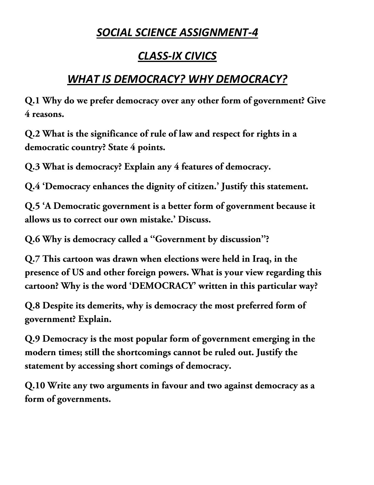 CBSE Worksheets for Class 9 Social Science What Is Democracy Assignment - Page 1