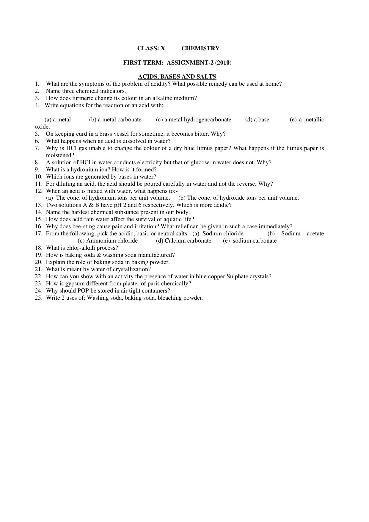 CBSE Worksheets for Class 10 Chemistry Assignment 8 - Page 1