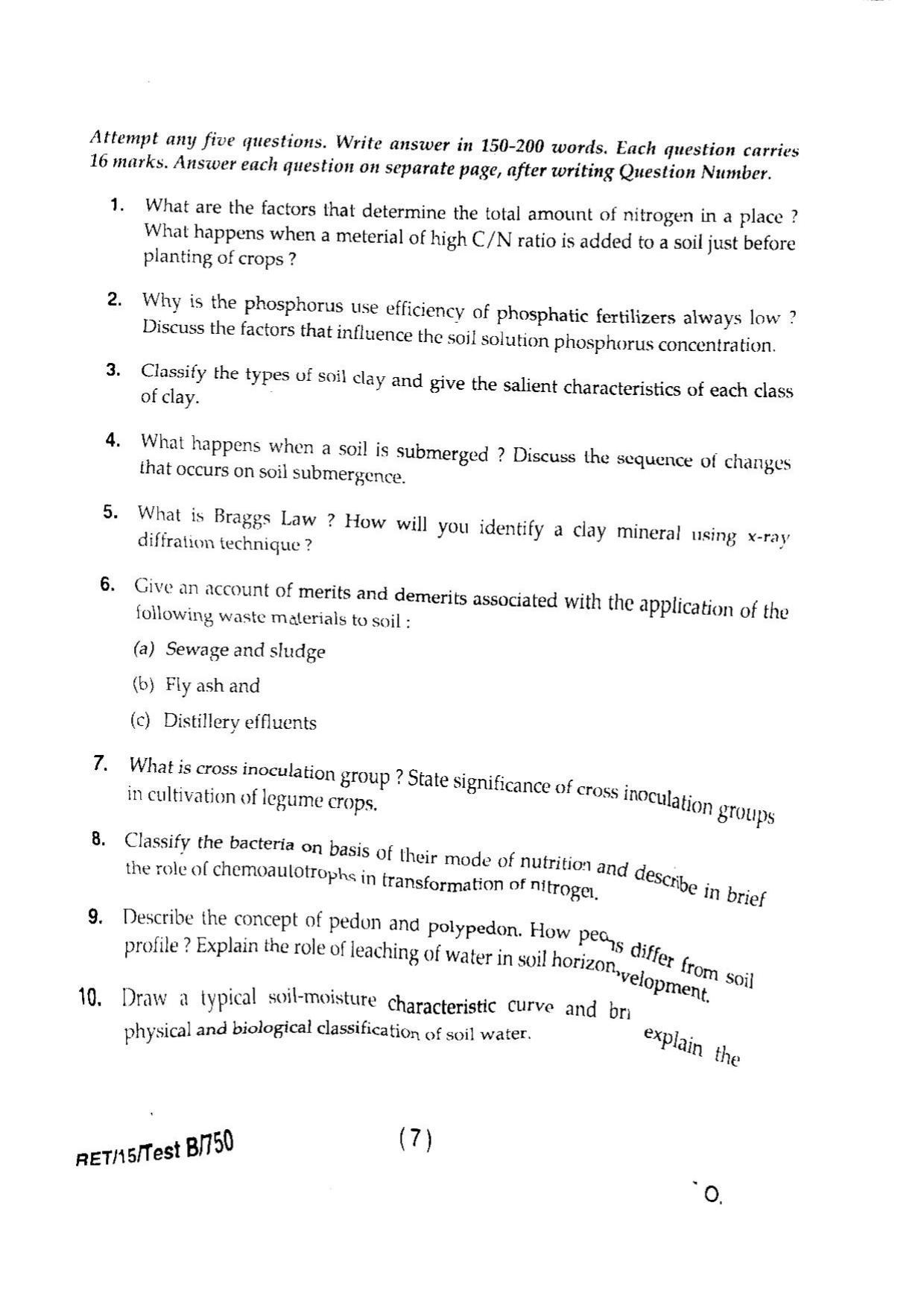 BHU RET SOIL SCIENCE & AGRICULTURAL CHEMISTRY 2015 Question Paper - Page 9