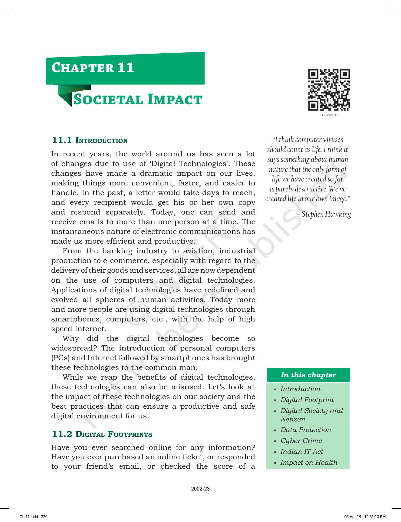 NCERT Book for Class 11 Computer Science Chapter 11 Societal Impact - Page 1