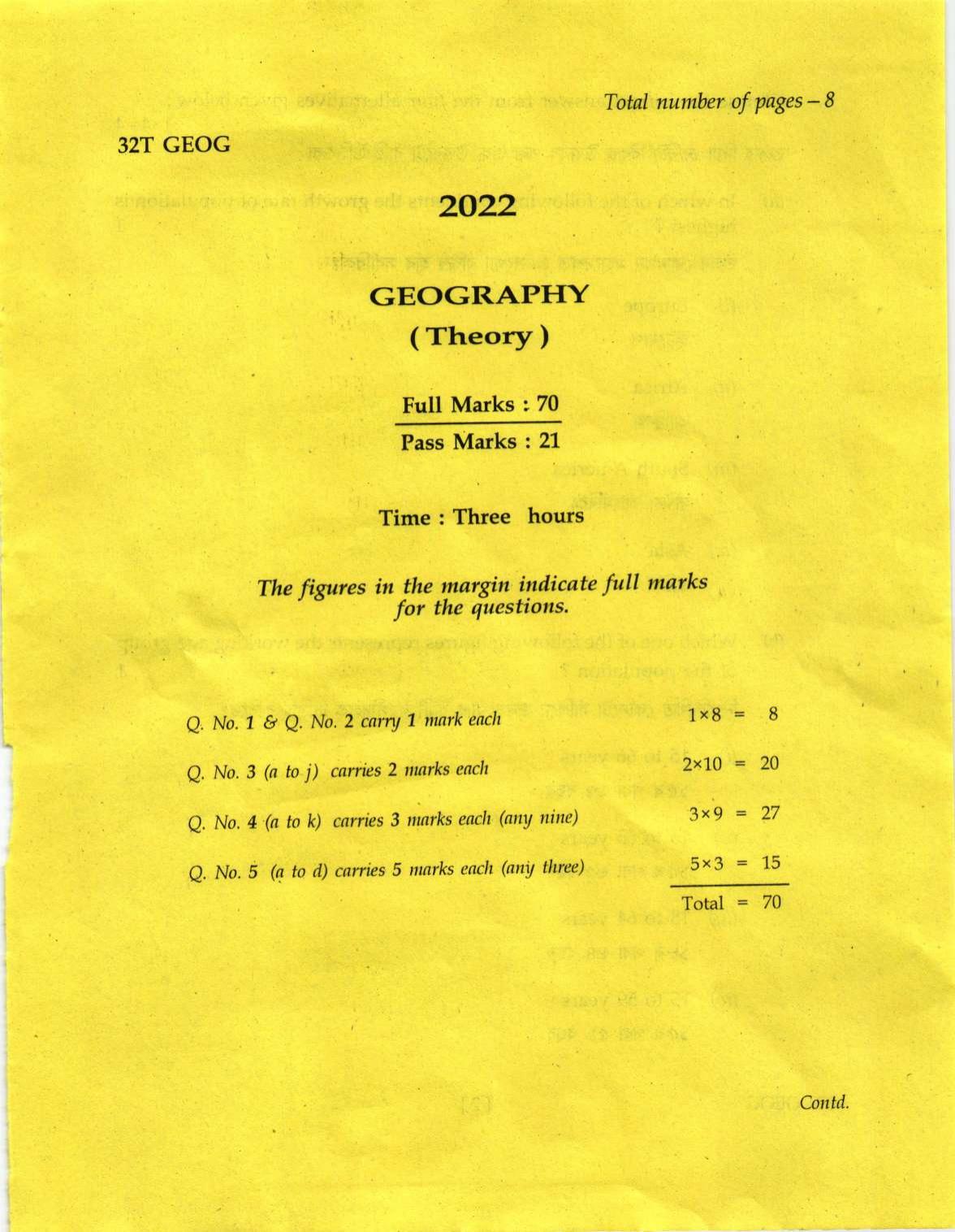 Assam HS 2nd Year Geography 2022 Question Paper - Page 1