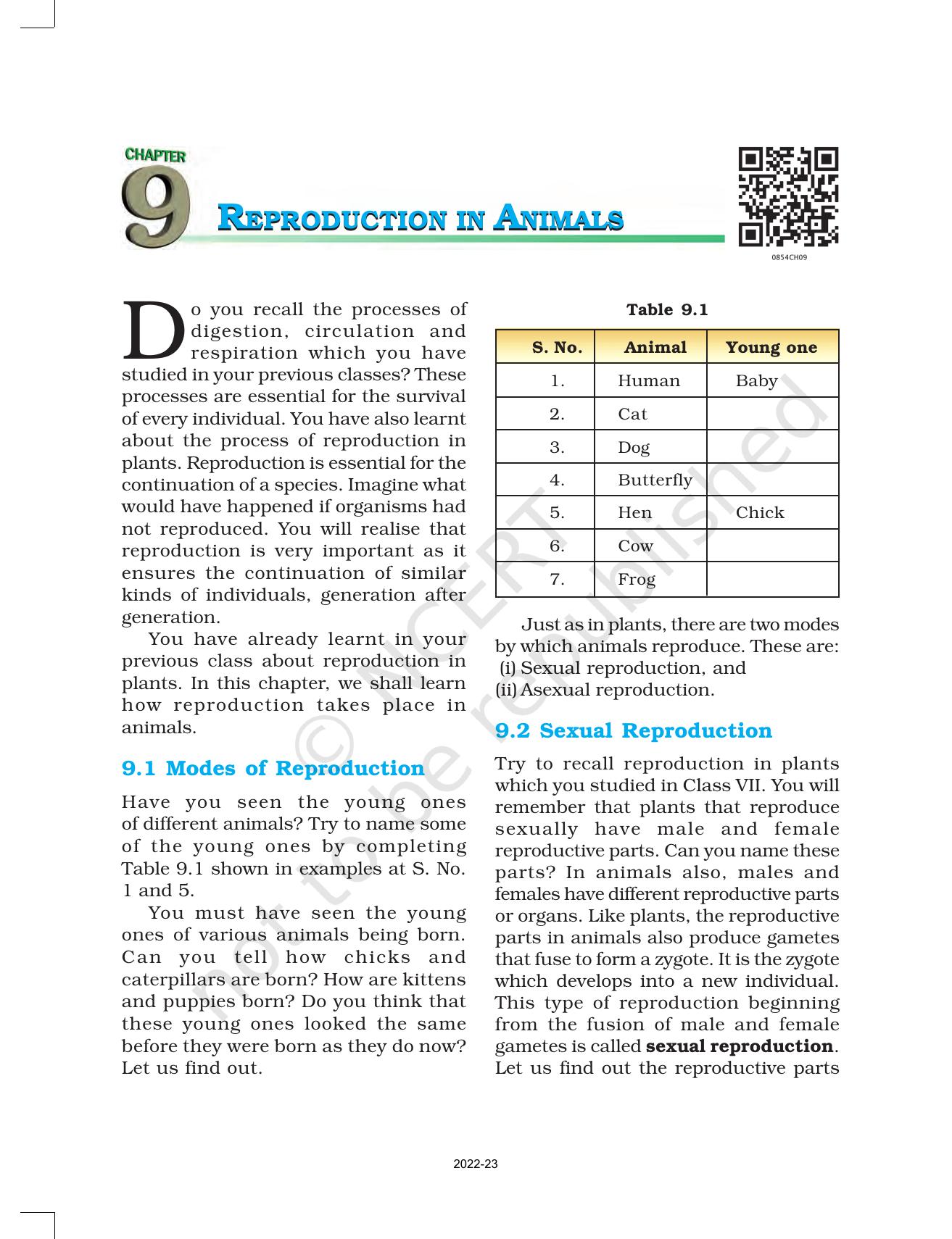 NCERT Book for Class 8 Science Chapter 9 Reproduction in Animals - Page 1