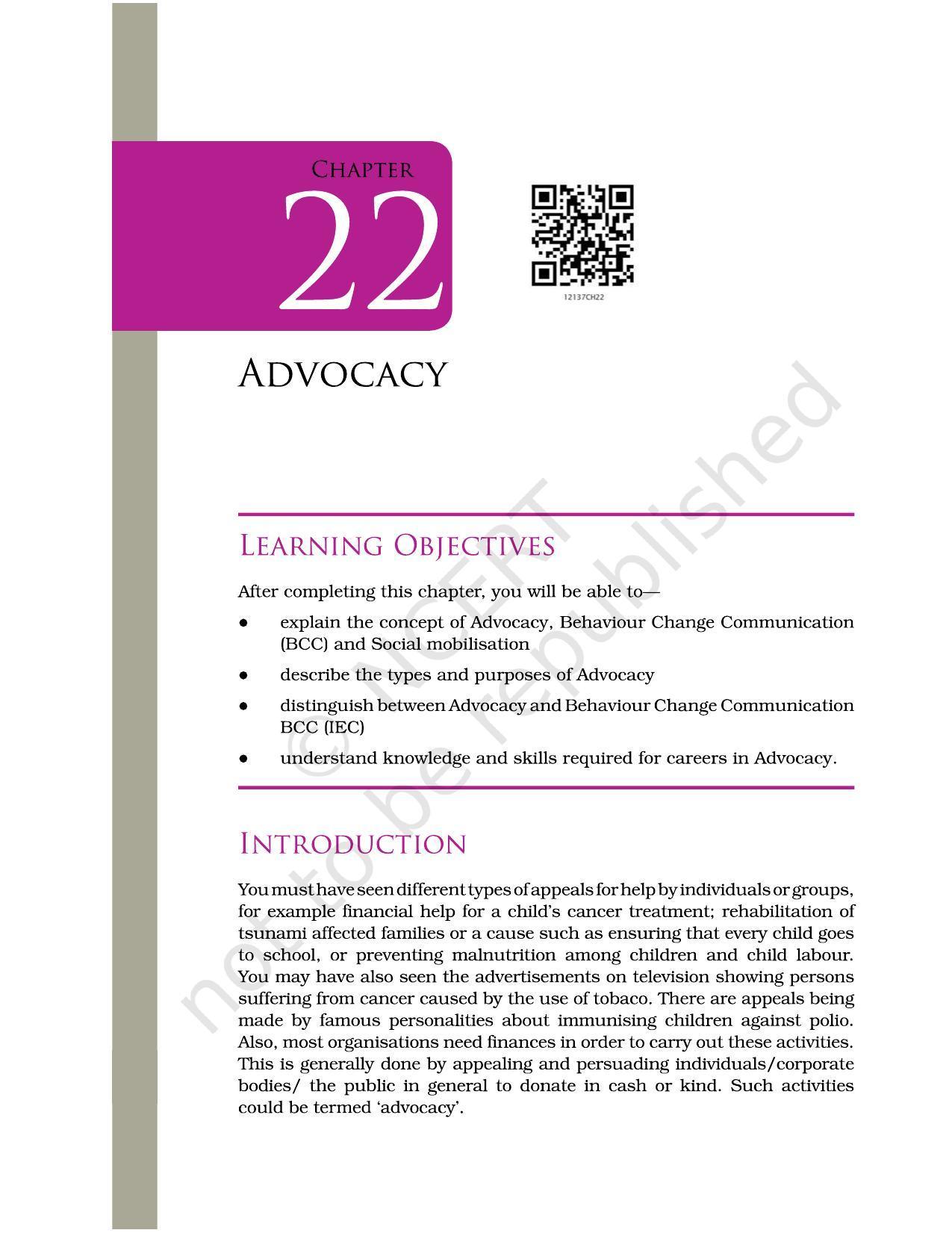 NCERT Book for Class 12 Home Science (Part -II) Chapter 22 Advocacy - Page 1