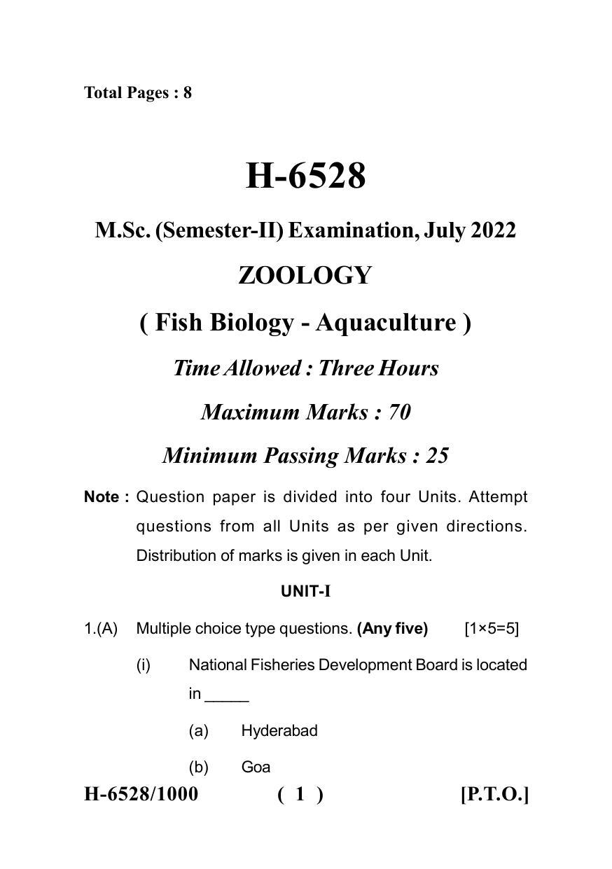 Sarguja University Question Paper July-2022 :  M.Sc. In Zoology(Second Sem.) Fish Biology -Aquaculture Paper 1 - Page 1