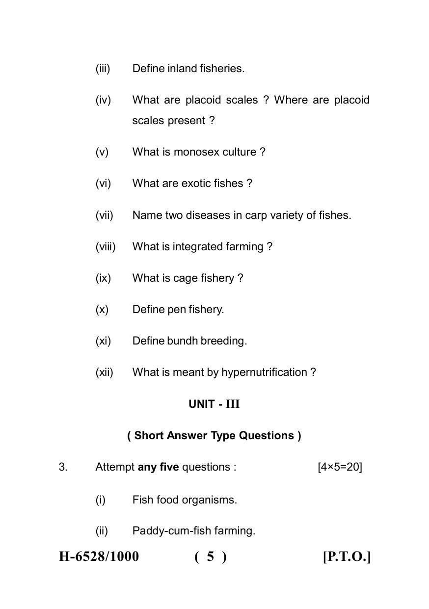 Sarguja University Question Paper July-2022 :  M.Sc. In Zoology(Second Sem.) Fish Biology -Aquaculture Paper 1 - Page 5