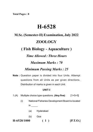 Sarguja University Question Paper July-2022 :  M.Sc. In Zoology(Second Sem.) Fish Biology -Aquaculture Paper 1