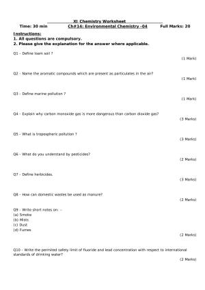CBSE Worksheets for Class 11 Chemistry Environmental Chemistry Assignment 4