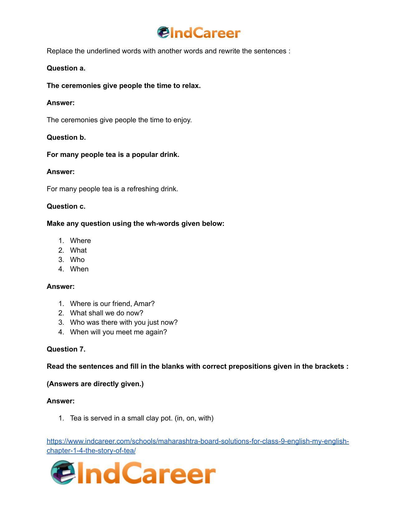 Maharashtra Board Solutions for Class 9- English (My English): Chapter 1.4- The Story of Tea - Page 20