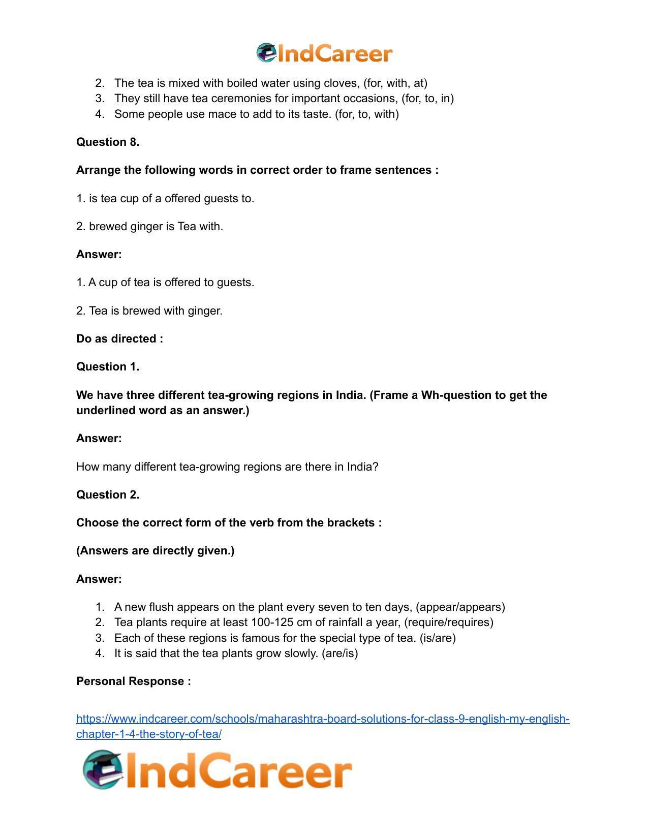 Maharashtra Board Solutions for Class 9- English (My English): Chapter 1.4- The Story of Tea - Page 21