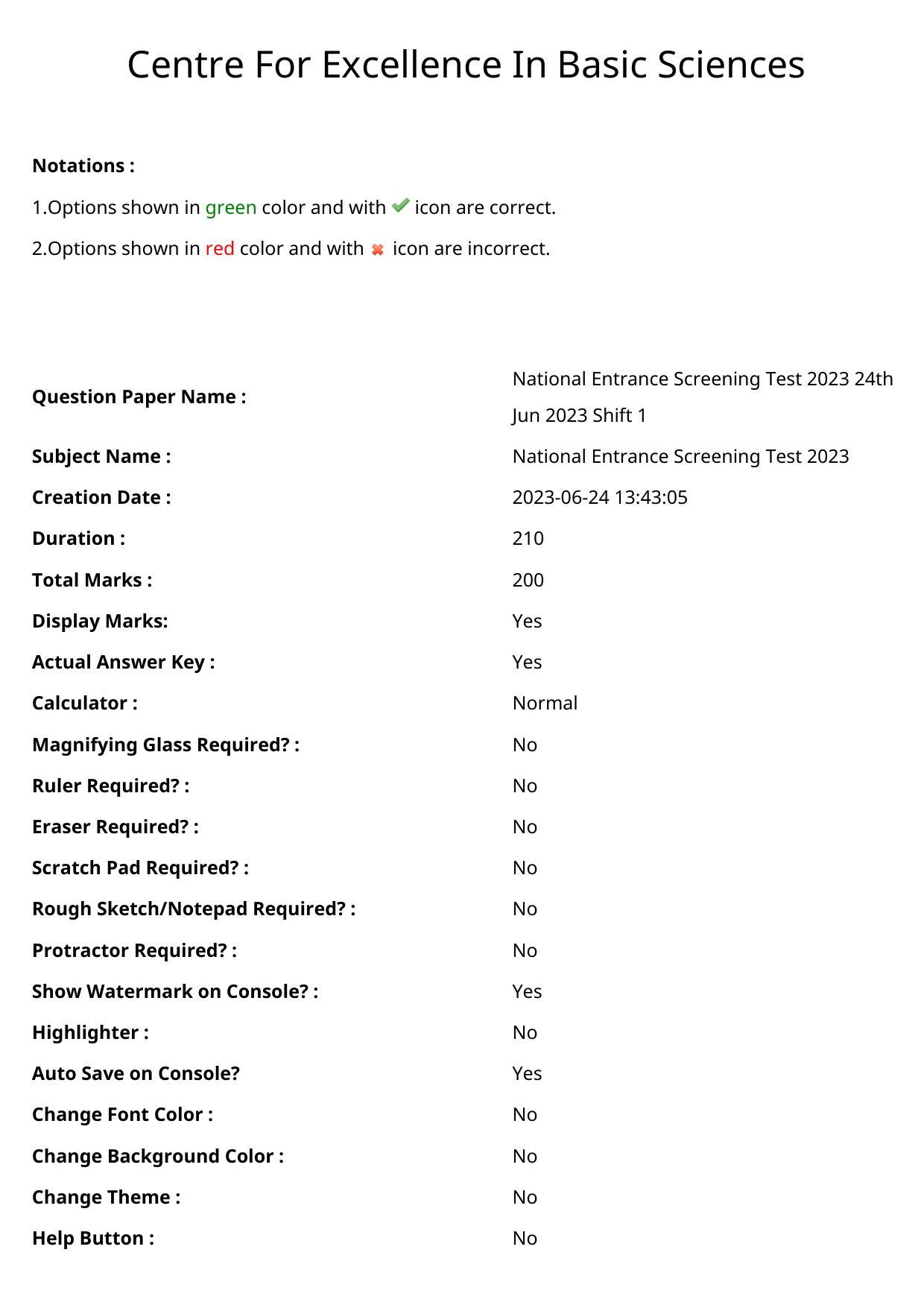 NEST 2023 Shift 1 Question Paper with Answer Keys - Page 1