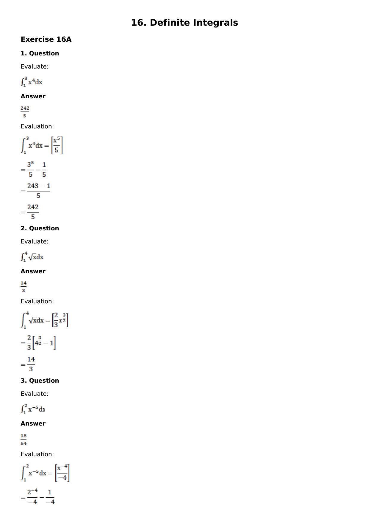 Chapter 16: Definite Integrals Solutions: RS Aggarwal Class 12 Solutions - Page 1